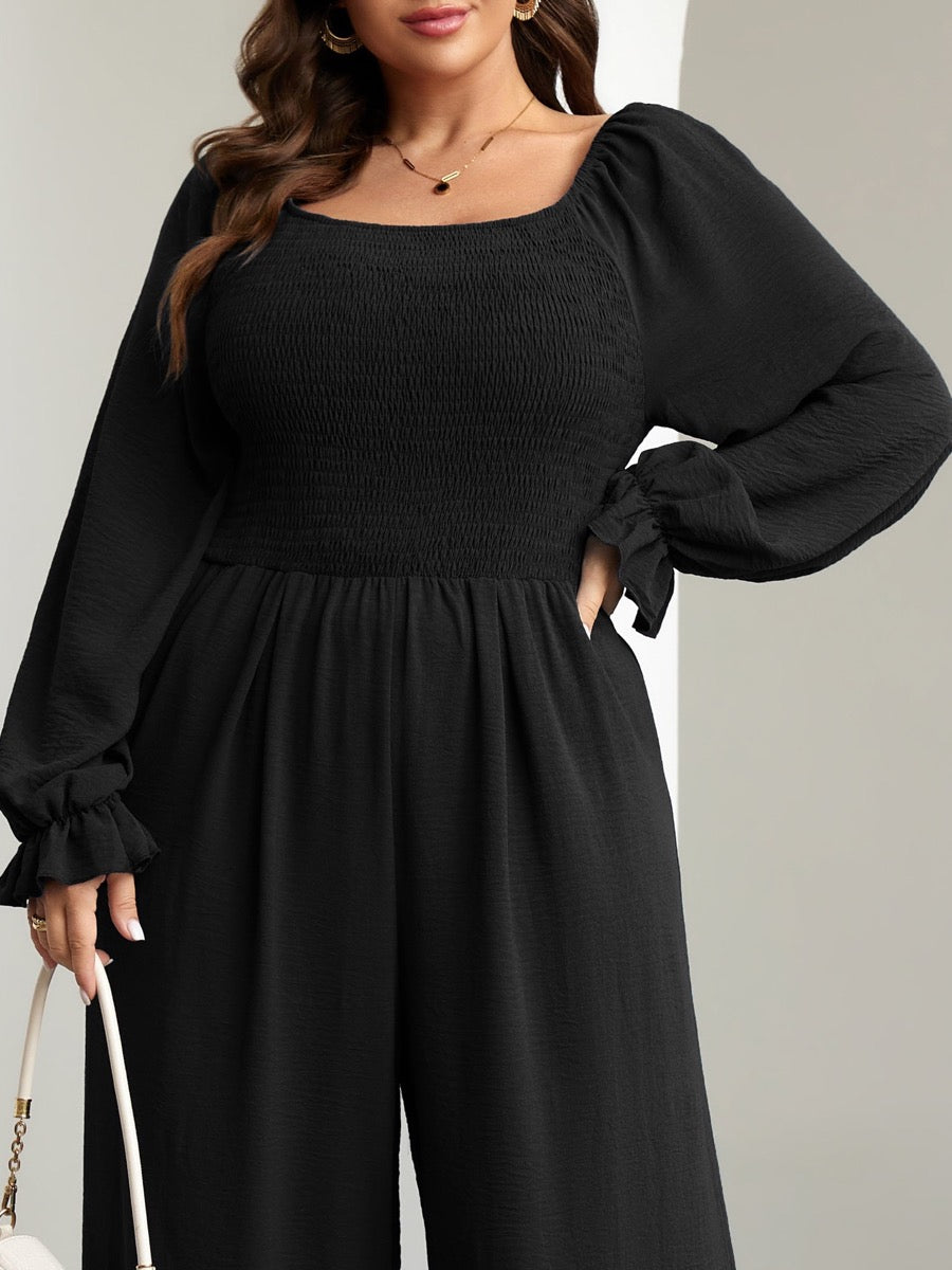 Plus Size Smocked Wide-Leg Jumpsuit — Black close-up detail