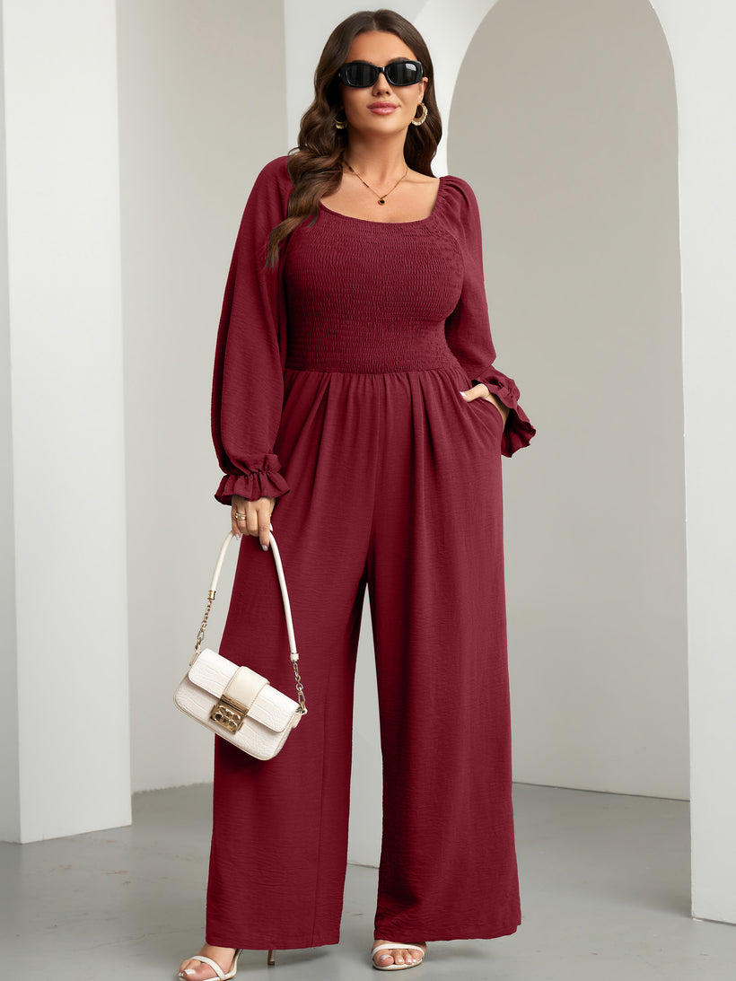 Plus Size Smocked Wide-Leg Jumpsuit — Burgundy