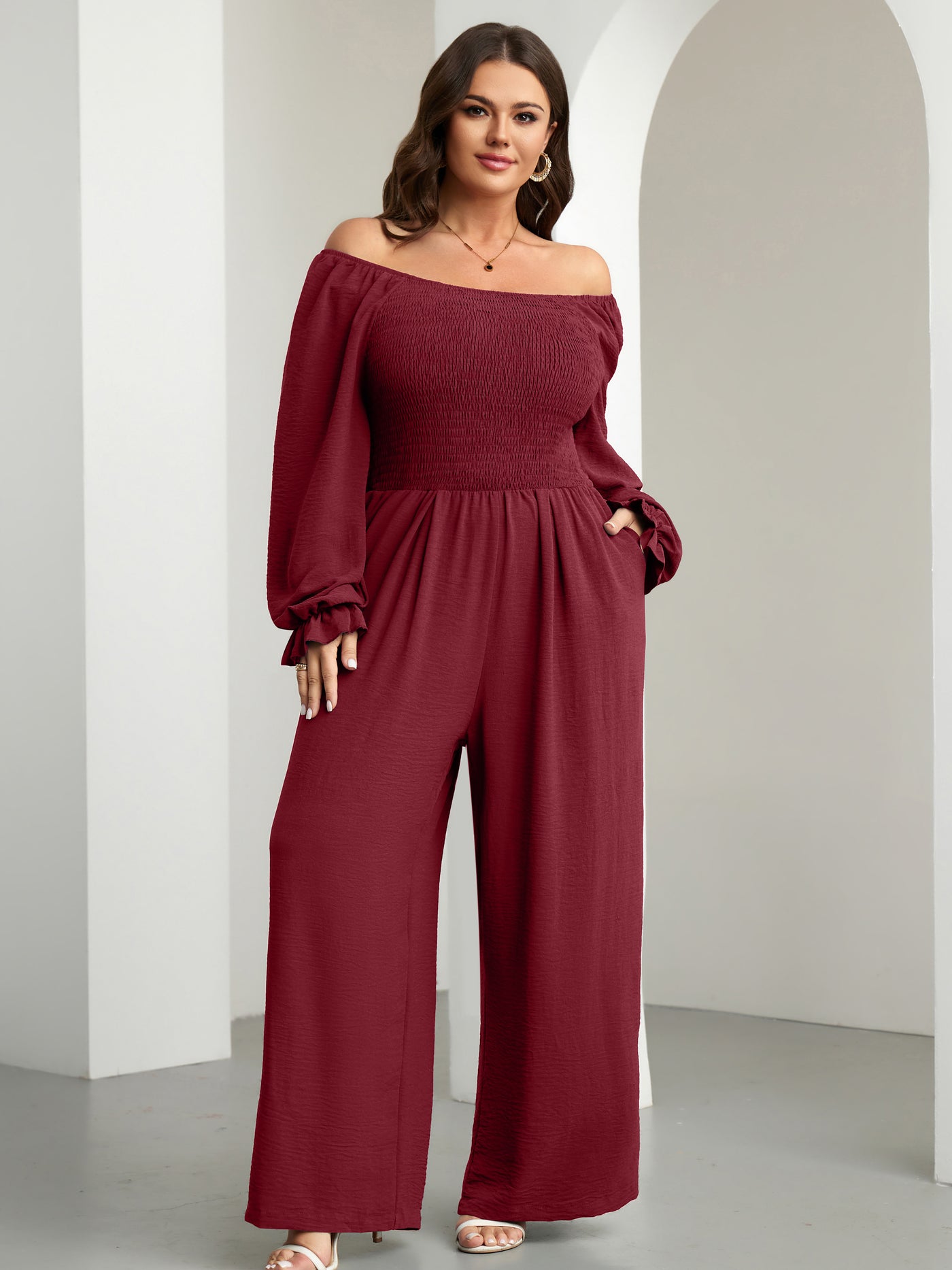 RWJ Plus Size Smocked Wide-Leg Jumpsuit — Burgundy, view 3