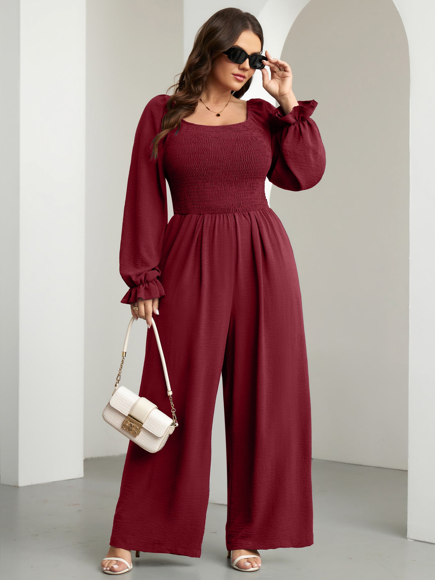 RWJ Plus Size Smocked Wide-Leg Jumpsuit — Burgundy, view 4