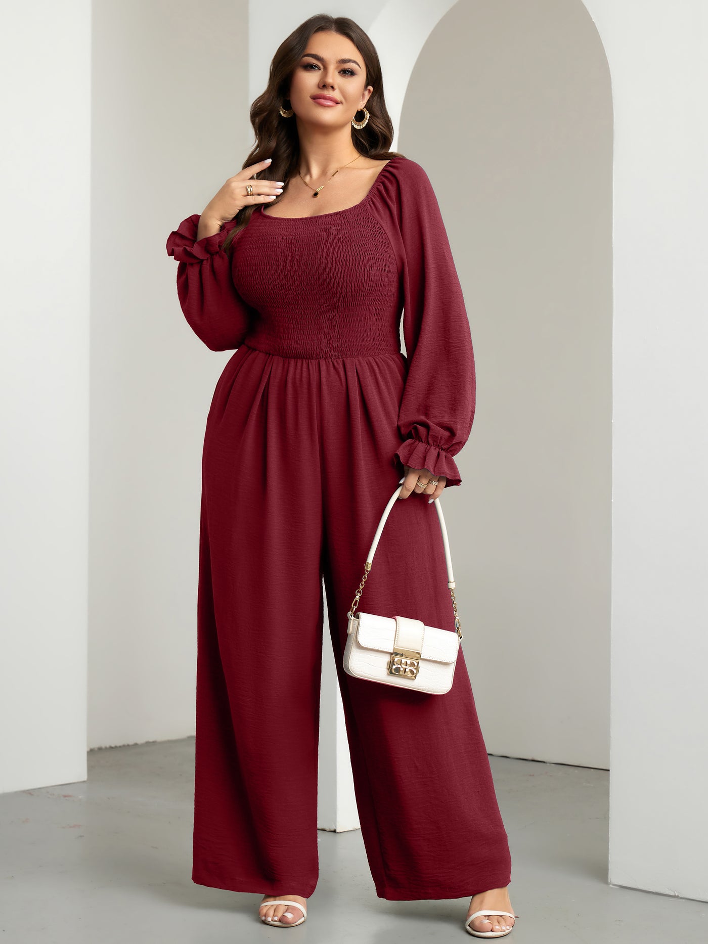 RWJ Plus Size Smocked Wide-Leg Jumpsuit — Burgundy, view 5