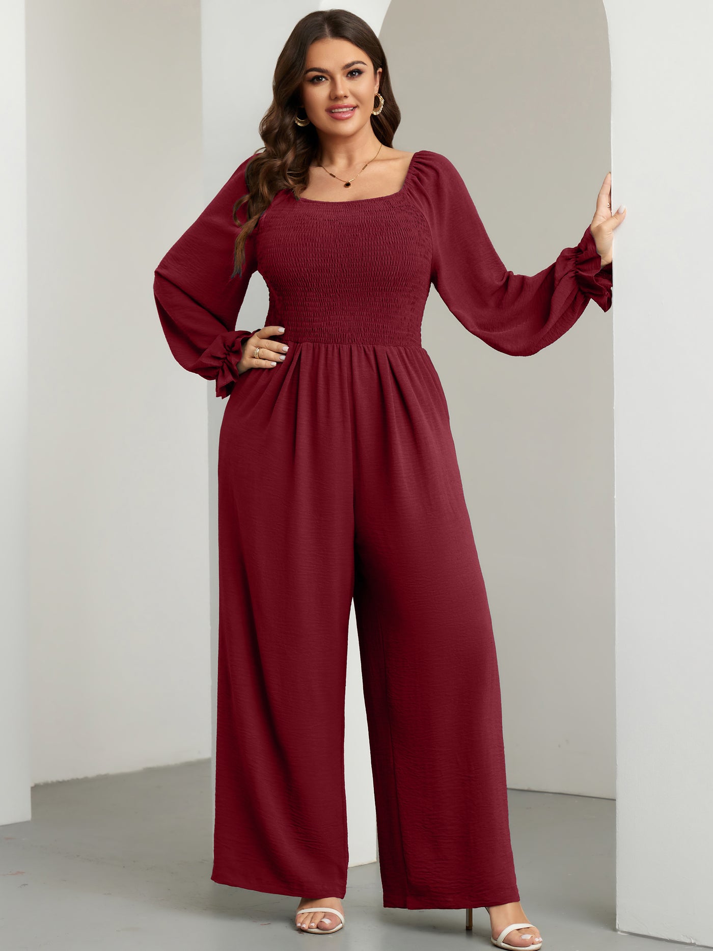 RWJ Plus Size Smocked Wide-Leg Jumpsuit — Burgundy, view 6