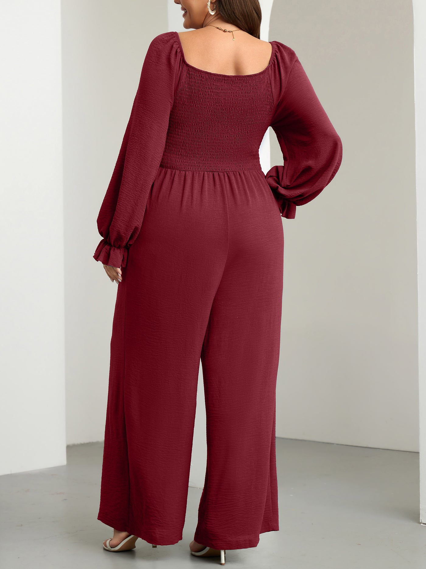 RWJ Plus Size Smocked Wide-Leg Jumpsuit — Burgundy, view 7