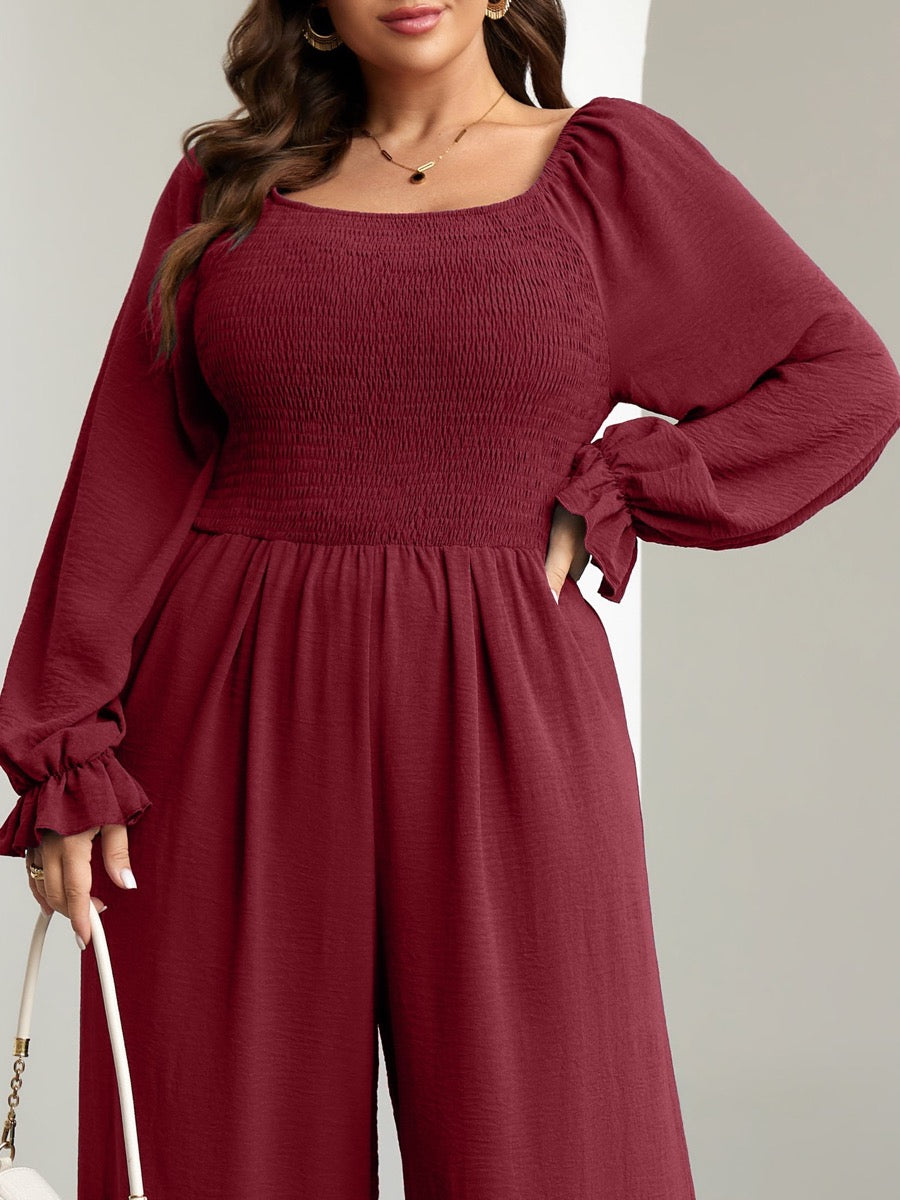 Plus Size Smocked Wide-Leg Jumpsuit — Burgundy close-up detail