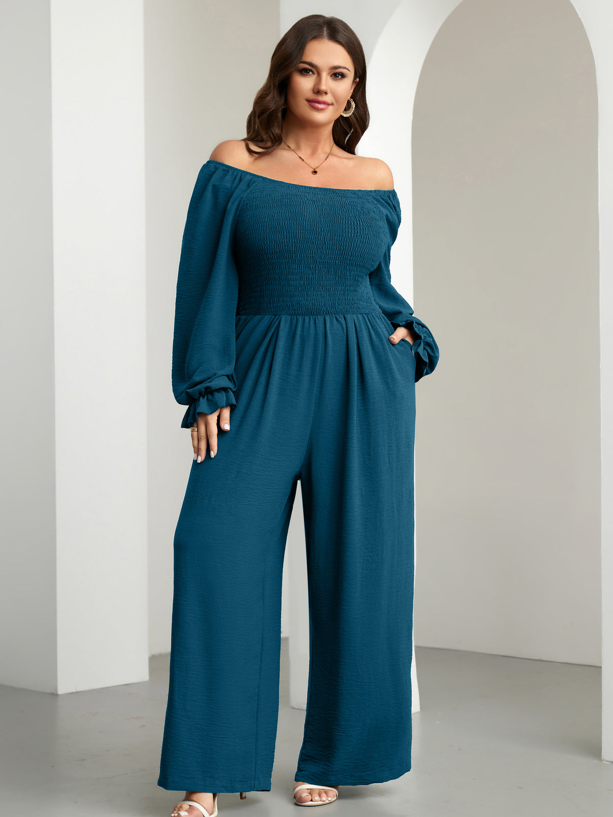 RWJ Plus Size Smocked Wide-Leg Jumpsuit — Lake Blue, view 3