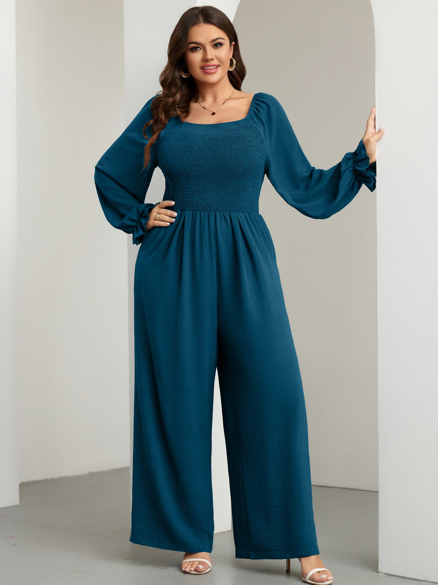 RWJ Plus Size Smocked Wide-Leg Jumpsuit — Lake Blue, view 6