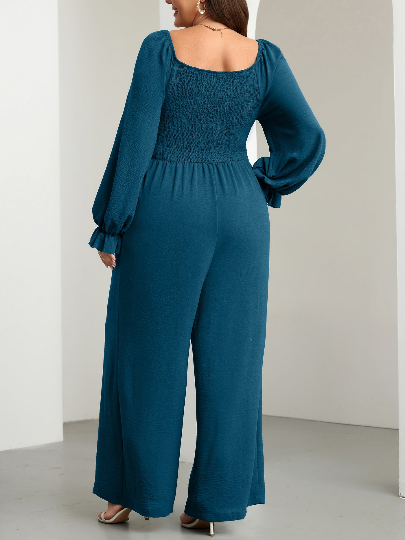 RWJ Plus Size Smocked Wide-Leg Jumpsuit — Lake Blue, view 7