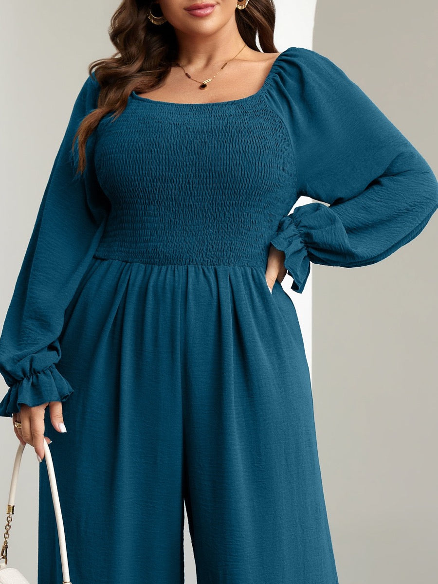 Plus Size Smocked Wide-Leg Jumpsuit — Lake Blue close-up detail