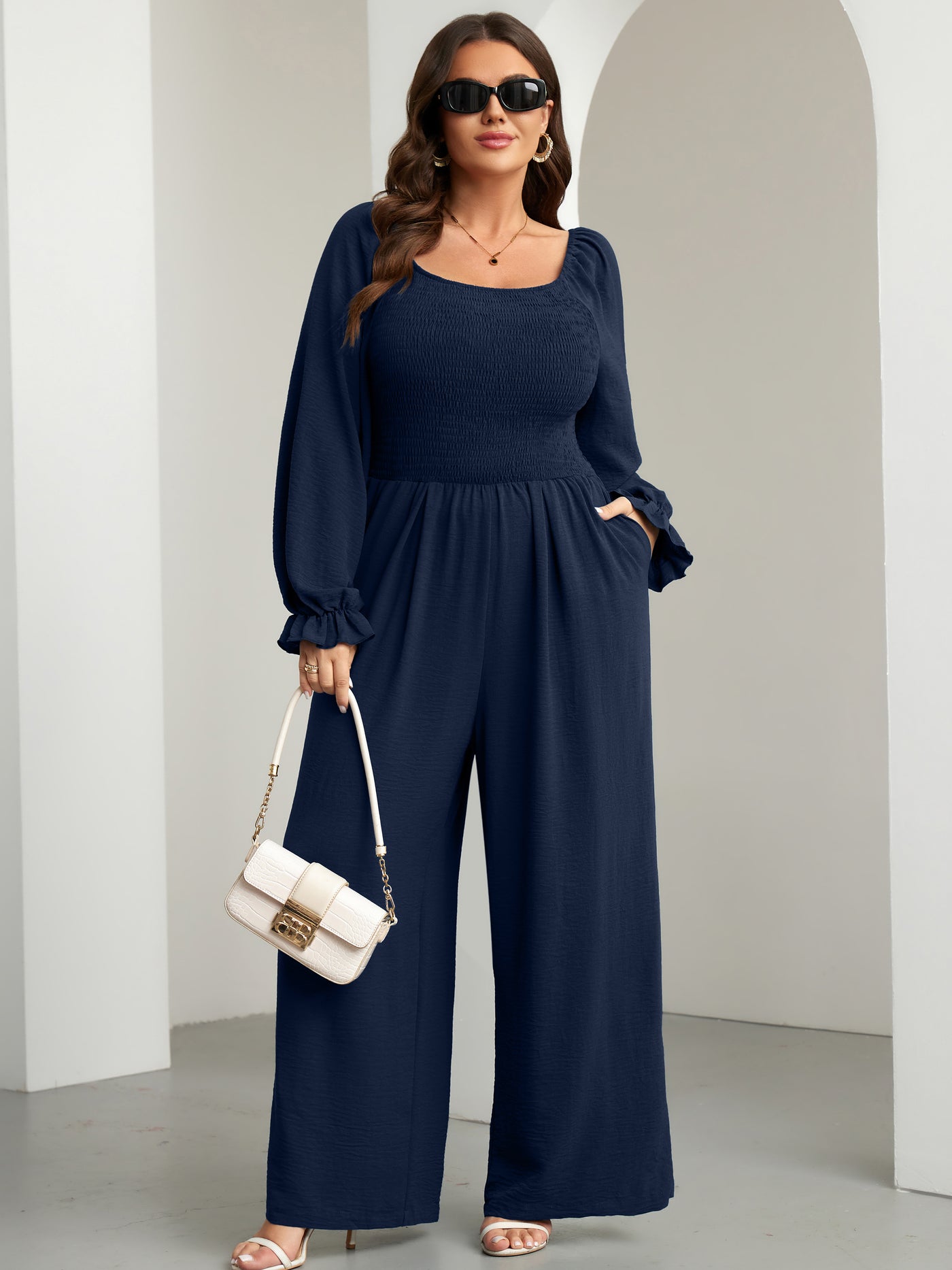 RWJ Plus Size Smocked Wide-Leg Jumpsuit — Navy Blue, view 2