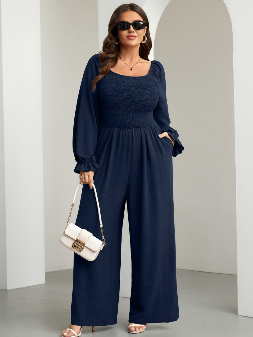 Plus Size Smocked Wide-Leg Jumpsuit — Navy Blue