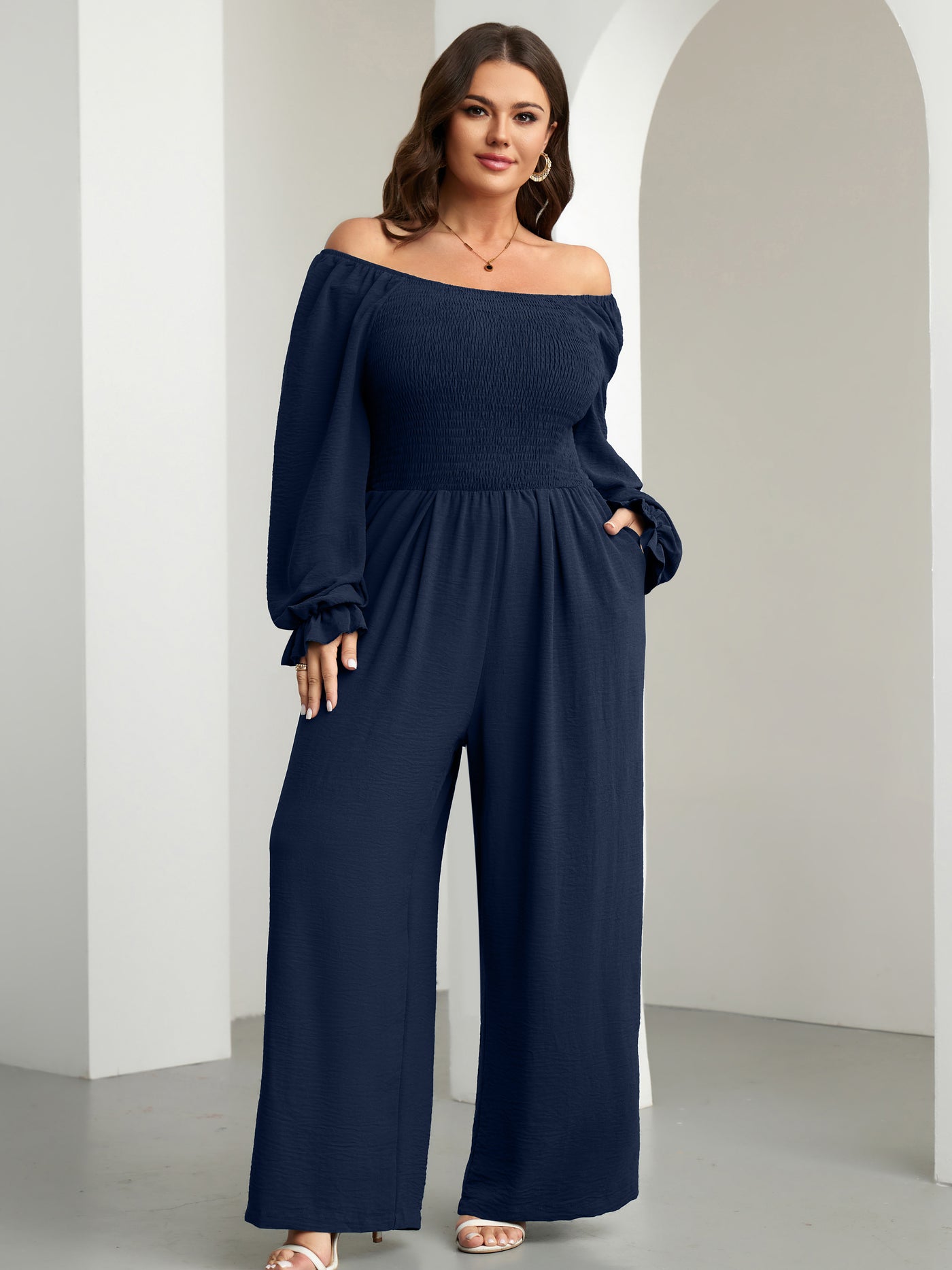RWJ Plus Size Smocked Wide-Leg Jumpsuit — Navy Blue, view 3