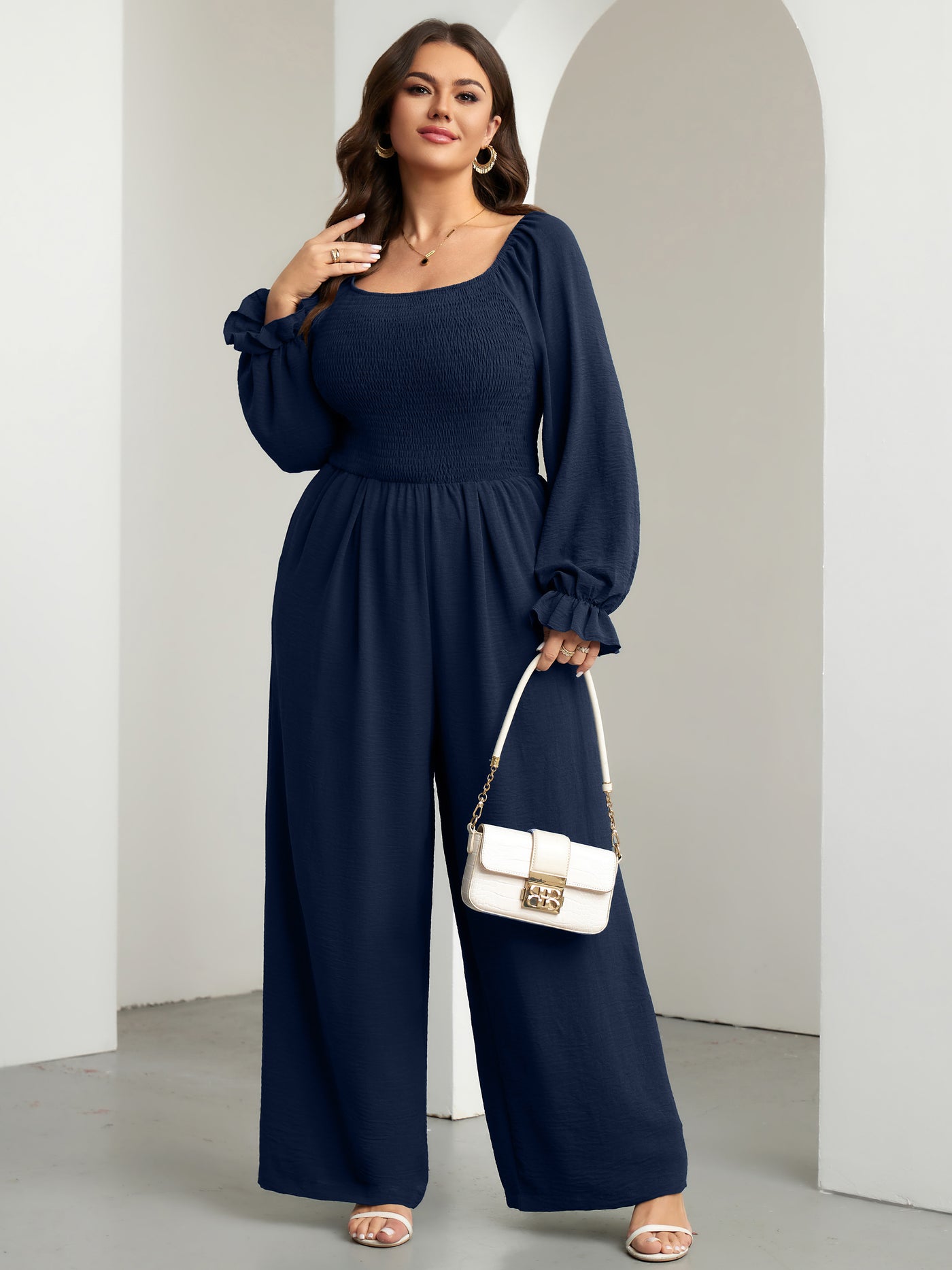 RWJ Plus Size Smocked Wide-Leg Jumpsuit — Navy Blue, view 5