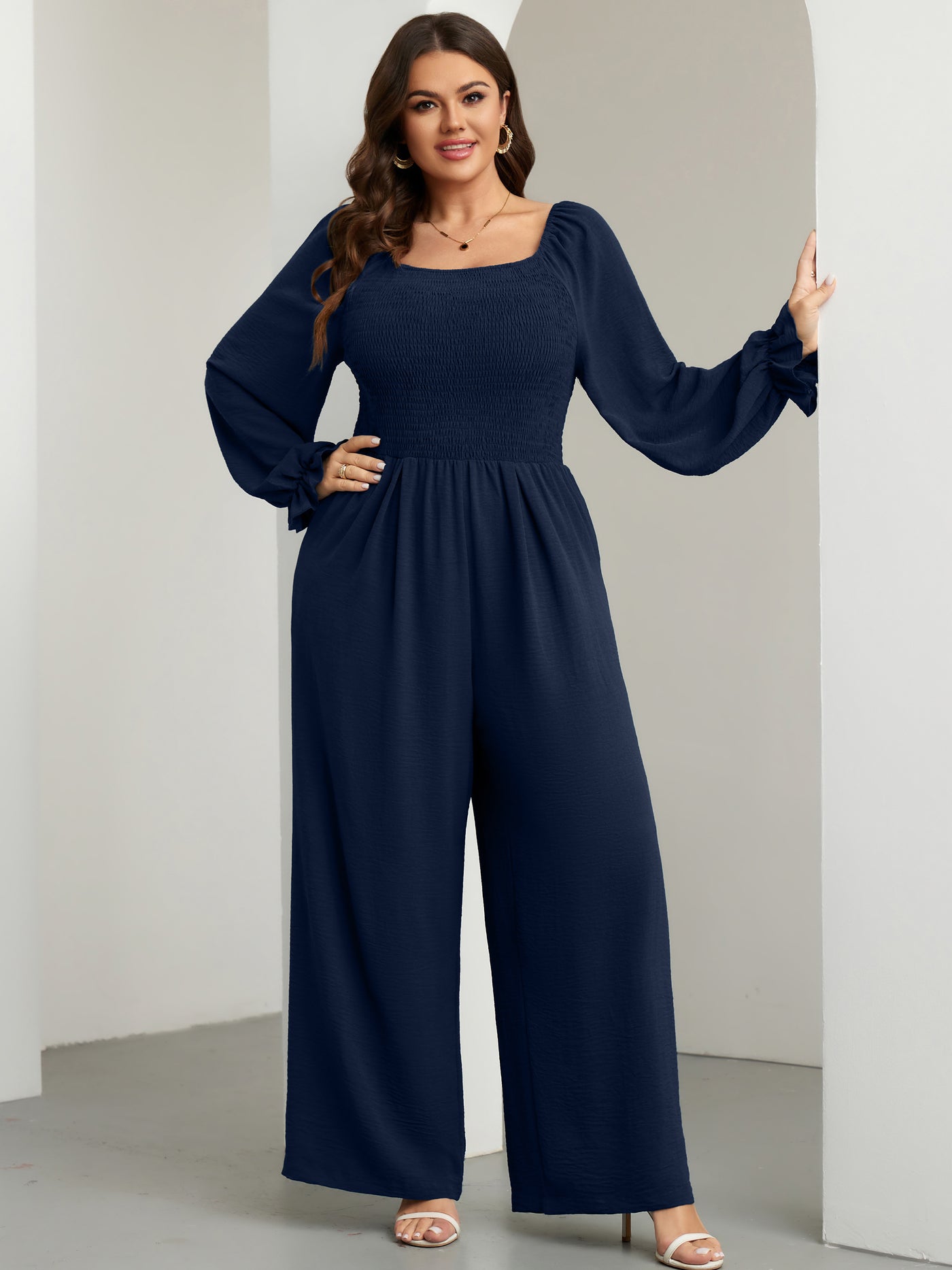 RWJ Plus Size Smocked Wide-Leg Jumpsuit — Navy Blue, view 6