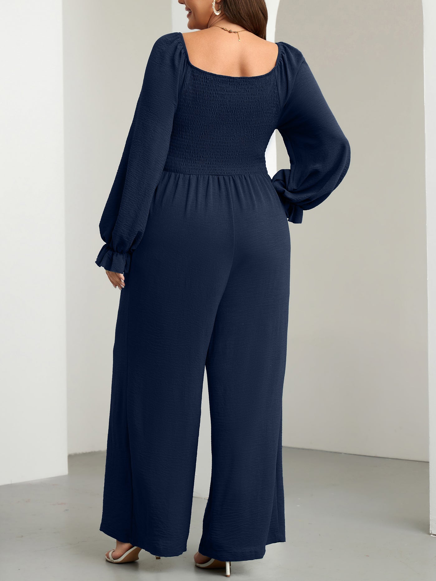 RWJ Plus Size Smocked Wide-Leg Jumpsuit — Navy Blue, view 7