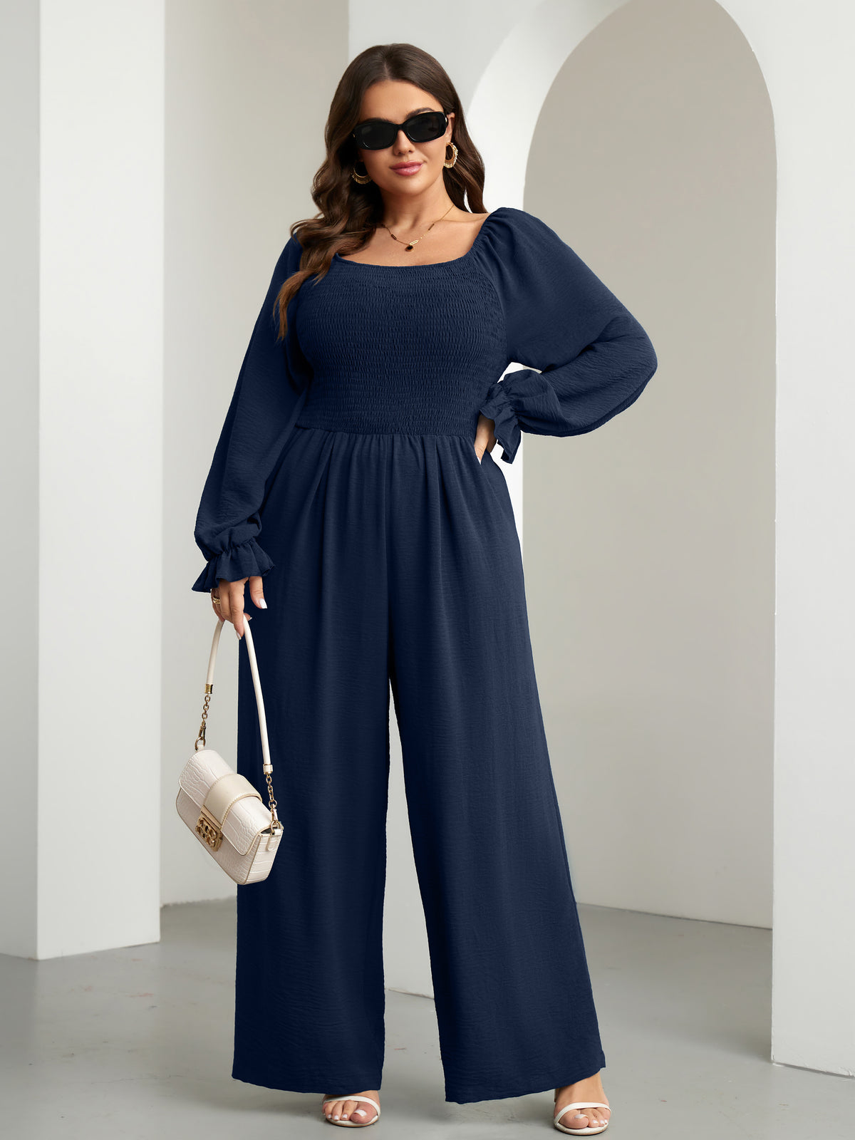 Plus Size Smocked Wide-Leg Jumpsuit — Navy Blue