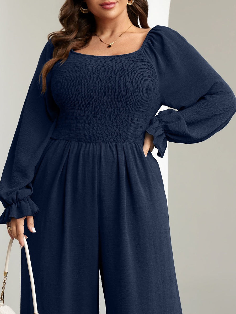 Plus Size Smocked Wide-Leg Jumpsuit — Navy Blue close-up detail