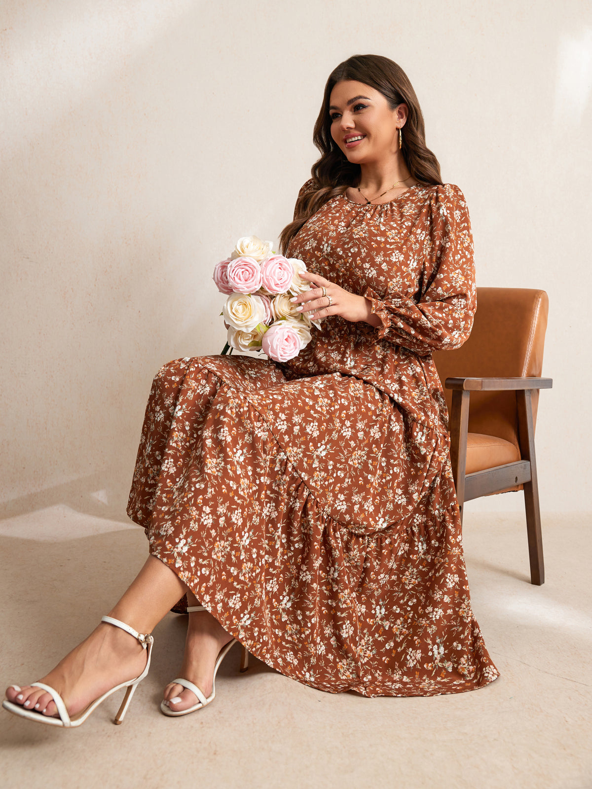 RWJ Plus Size Ruffle-Sleeve Tiered Maxi Dress — Brown Floral, view 2