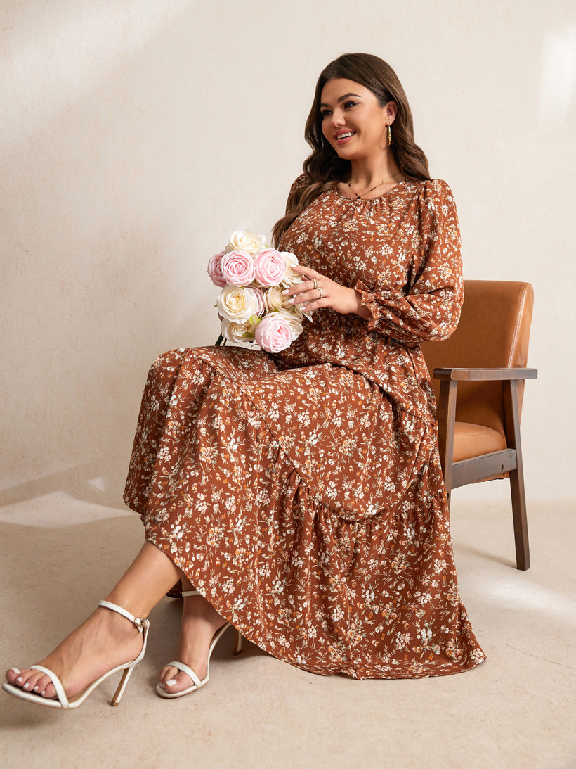 Plus Size Ruffle-Sleeve Tiered Maxi Dress — Brown Floral
