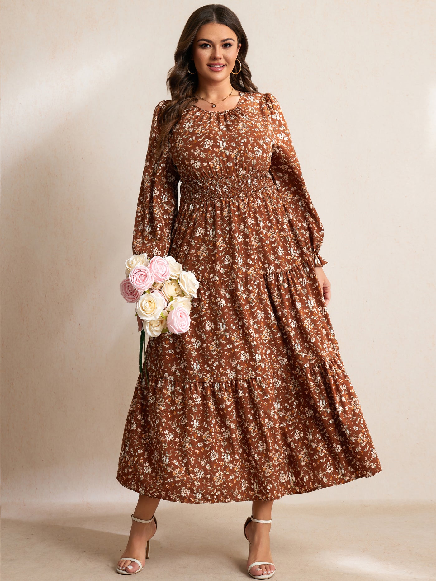 RWJ Plus Size Ruffle-Sleeve Tiered Maxi Dress — Brown Floral, view 3