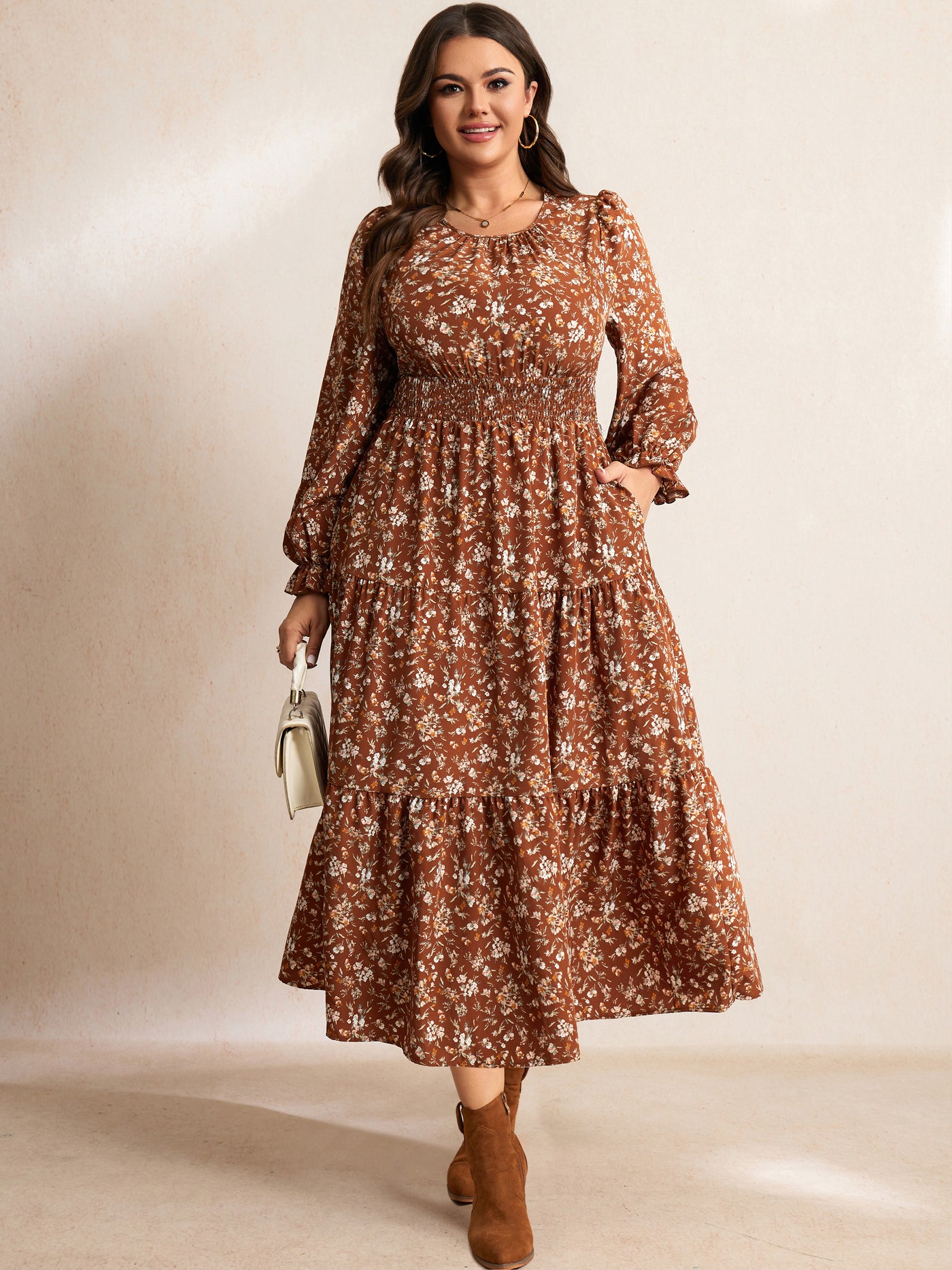 RWJ Plus Size Ruffle-Sleeve Tiered Maxi Dress — Brown Floral, view 4