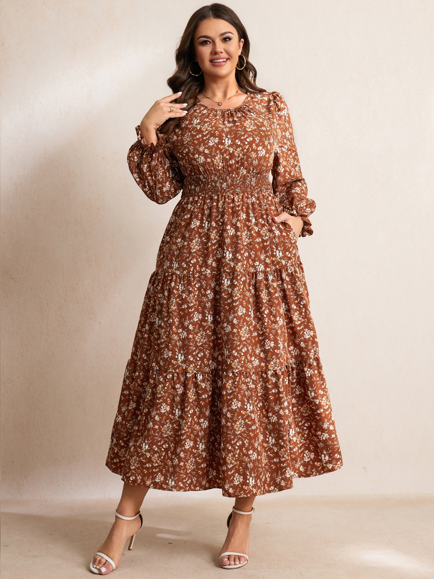 RWJ Plus Size Ruffle-Sleeve Tiered Maxi Dress — Brown Floral, view 5