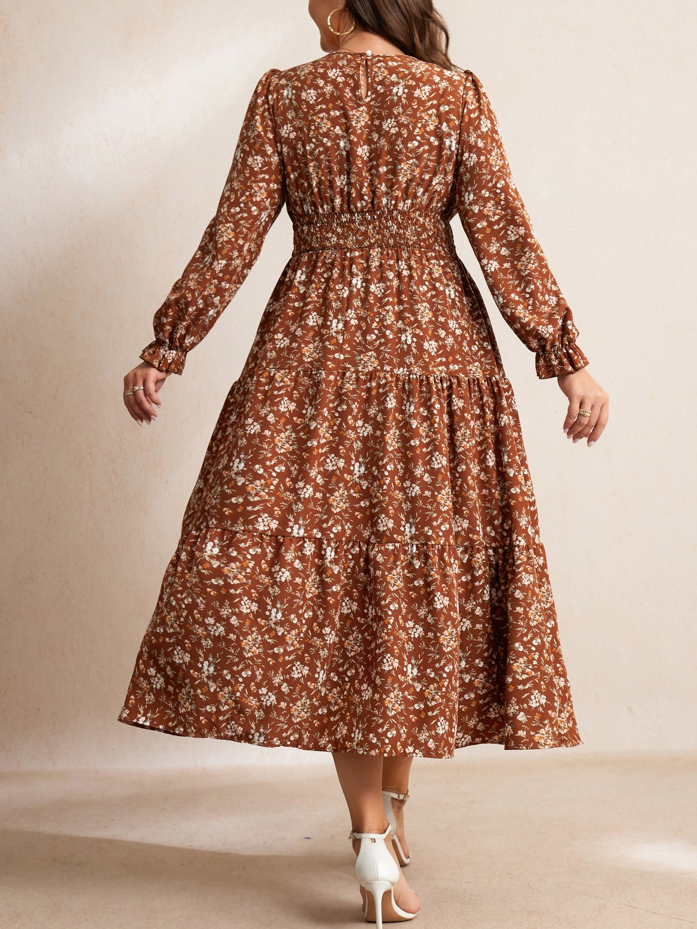 RWJ Plus Size Ruffle-Sleeve Tiered Maxi Dress — Brown Floral, view 6