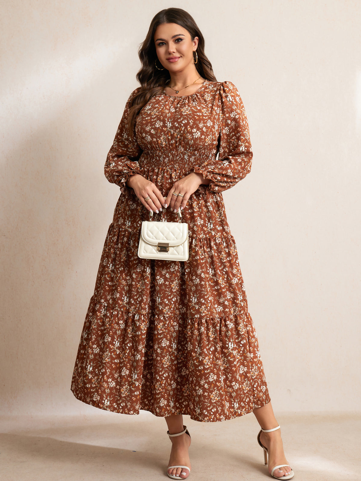 Plus Size Ruffle-Sleeve Tiered Maxi Dress — Brown Floral