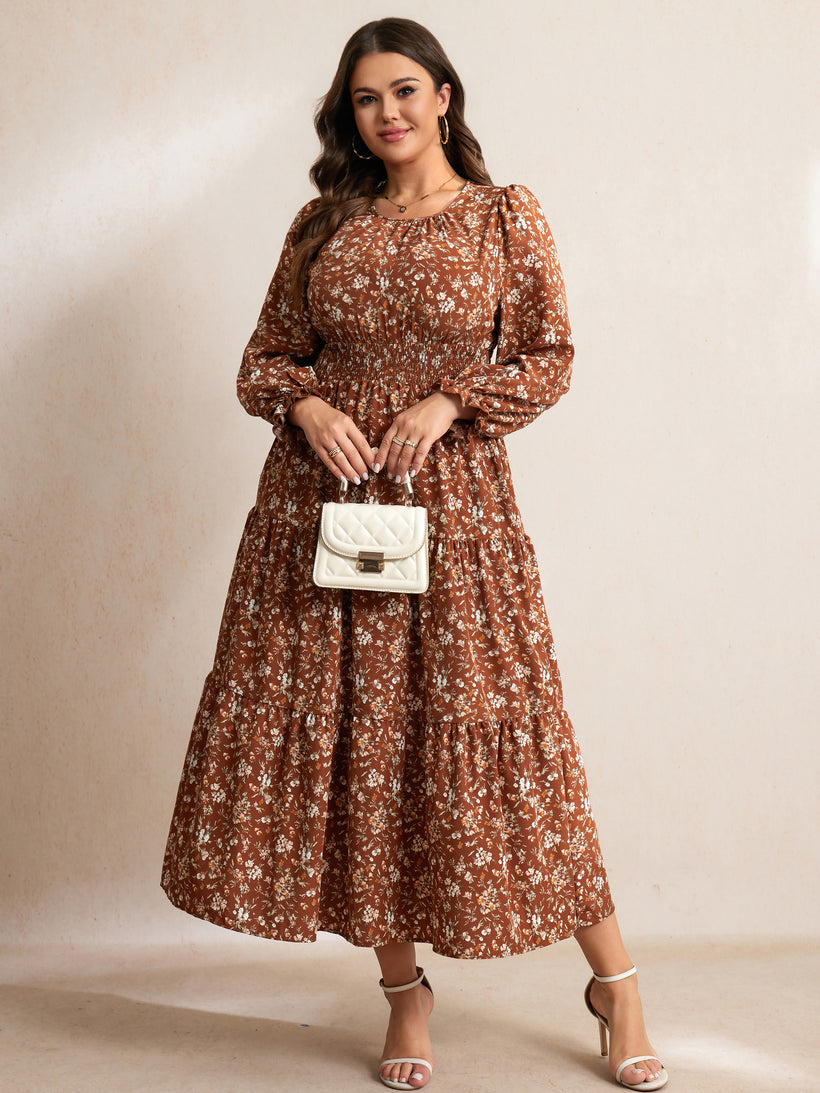 Plus Size Ruffle-Sleeve Tiered Maxi Dress — Brown Floral