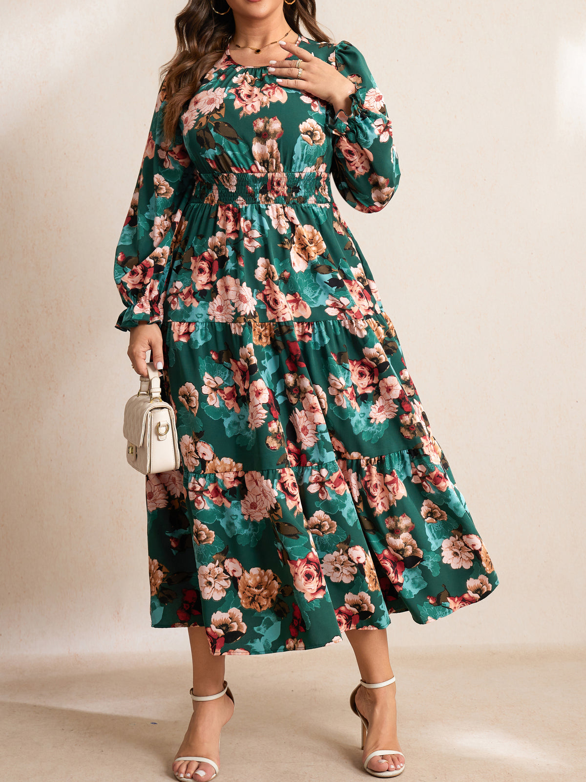 RWJ 6907 Green Floral plus size ruffle sleeve tiered maxi dress