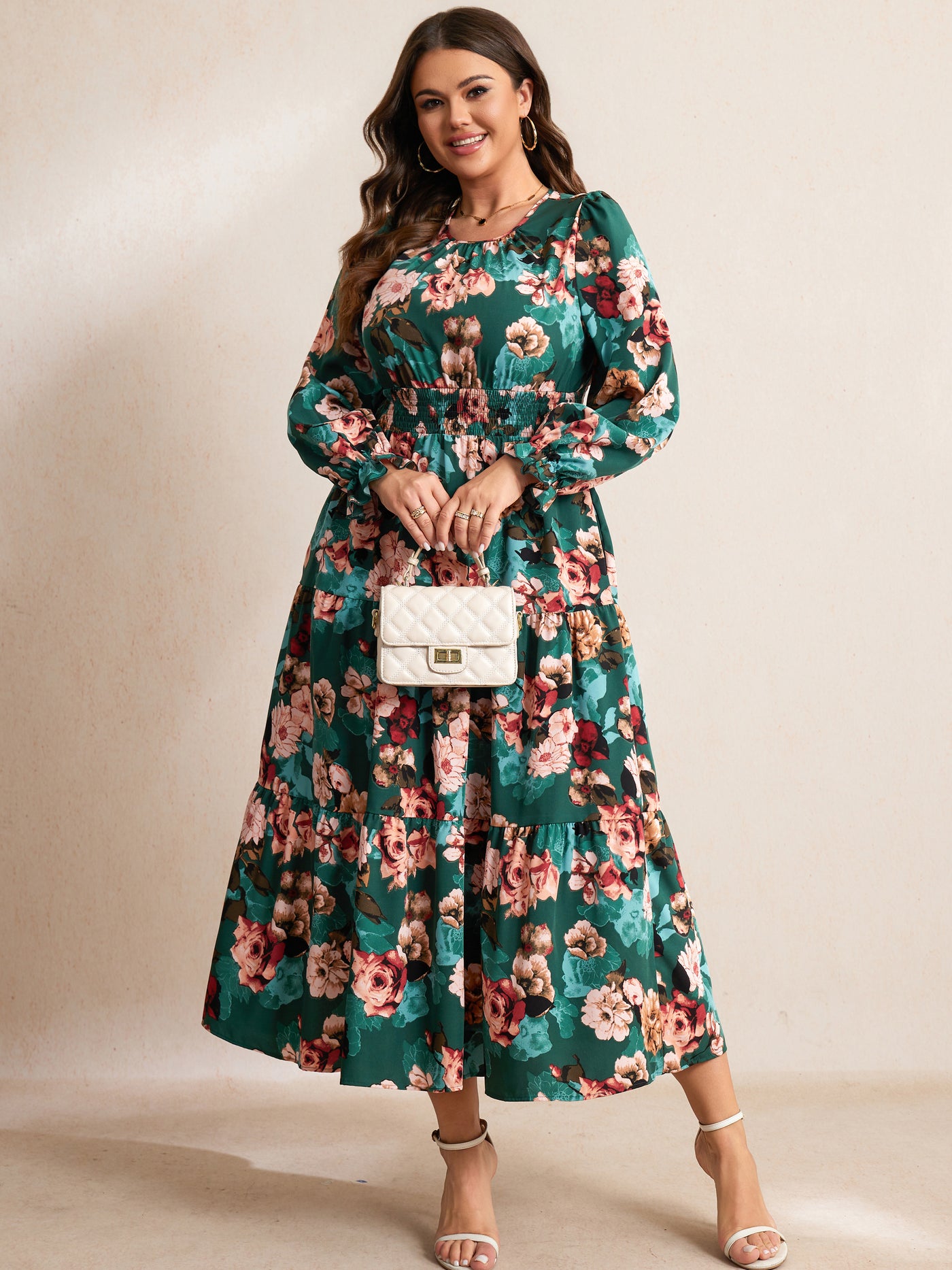 RWJ 6907 Green Floral plus size ruffle sleeve tiered maxi dress