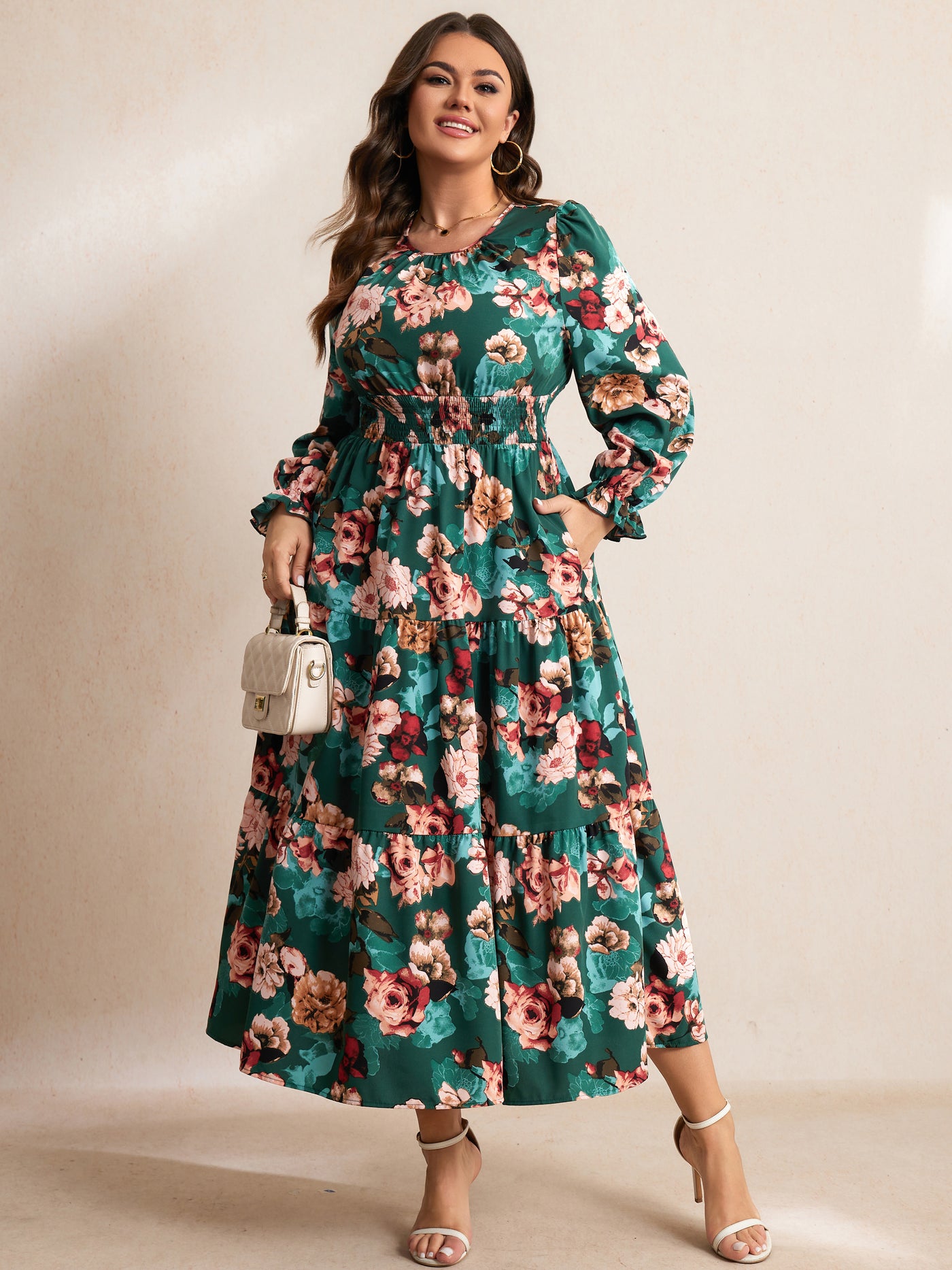 RWJ 6907 Green Floral plus size ruffle sleeve tiered maxi dress