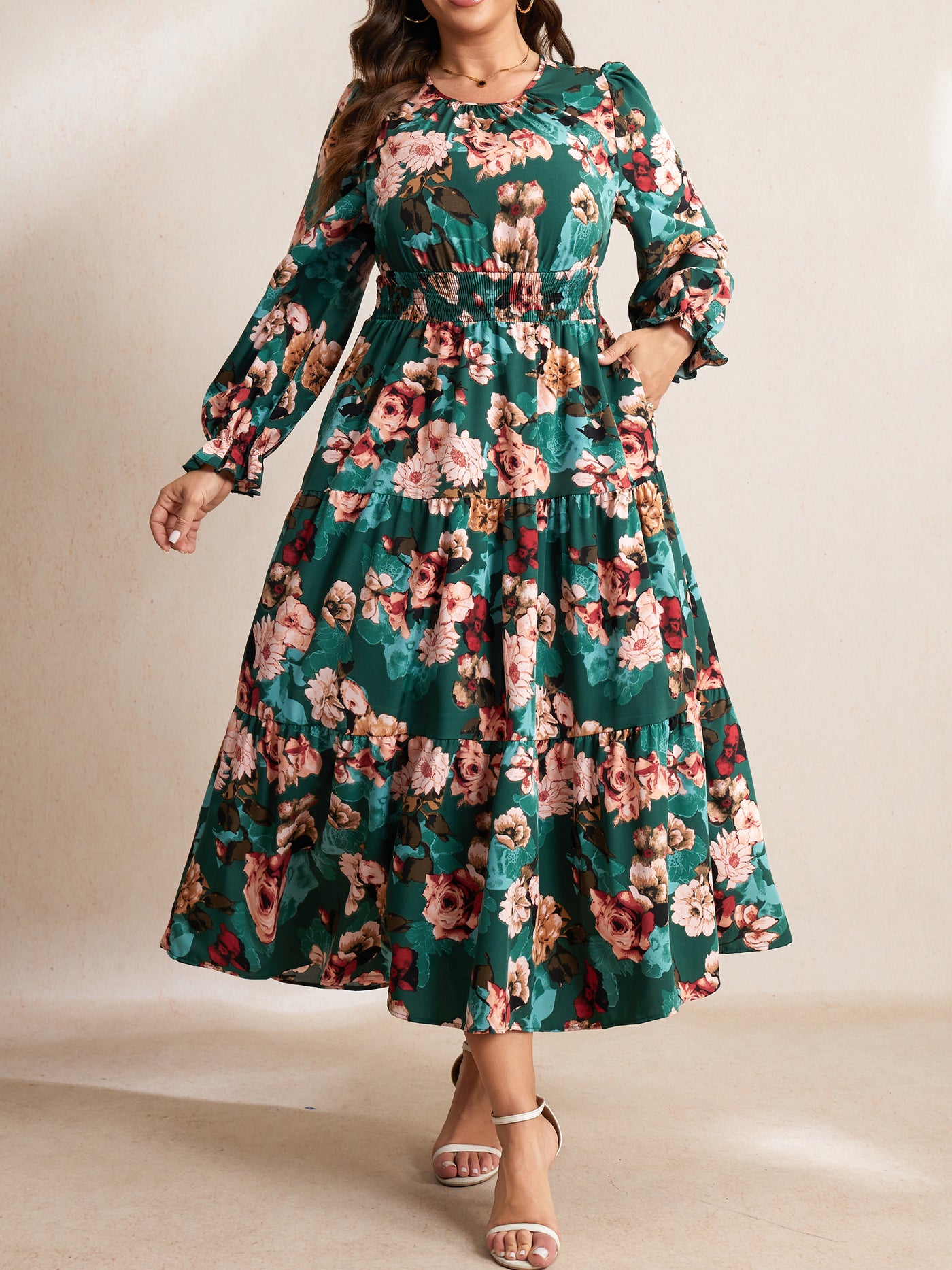RWJ 6907 Green Floral plus size ruffle sleeve tiered maxi dress