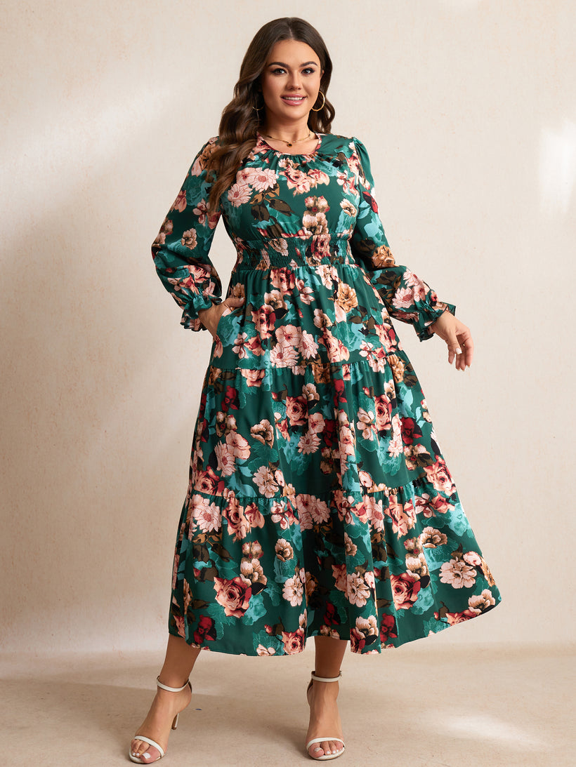 Plus Size Ruffle-Sleeve Tiered Maxi Dress — Green Floral