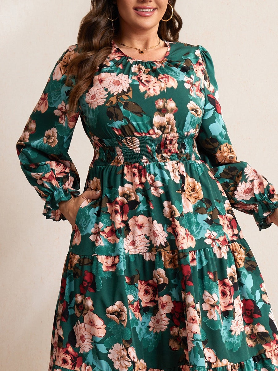 Plus Size Ruffle-Sleeve Tiered Maxi Dress — Green Floral close-up detail