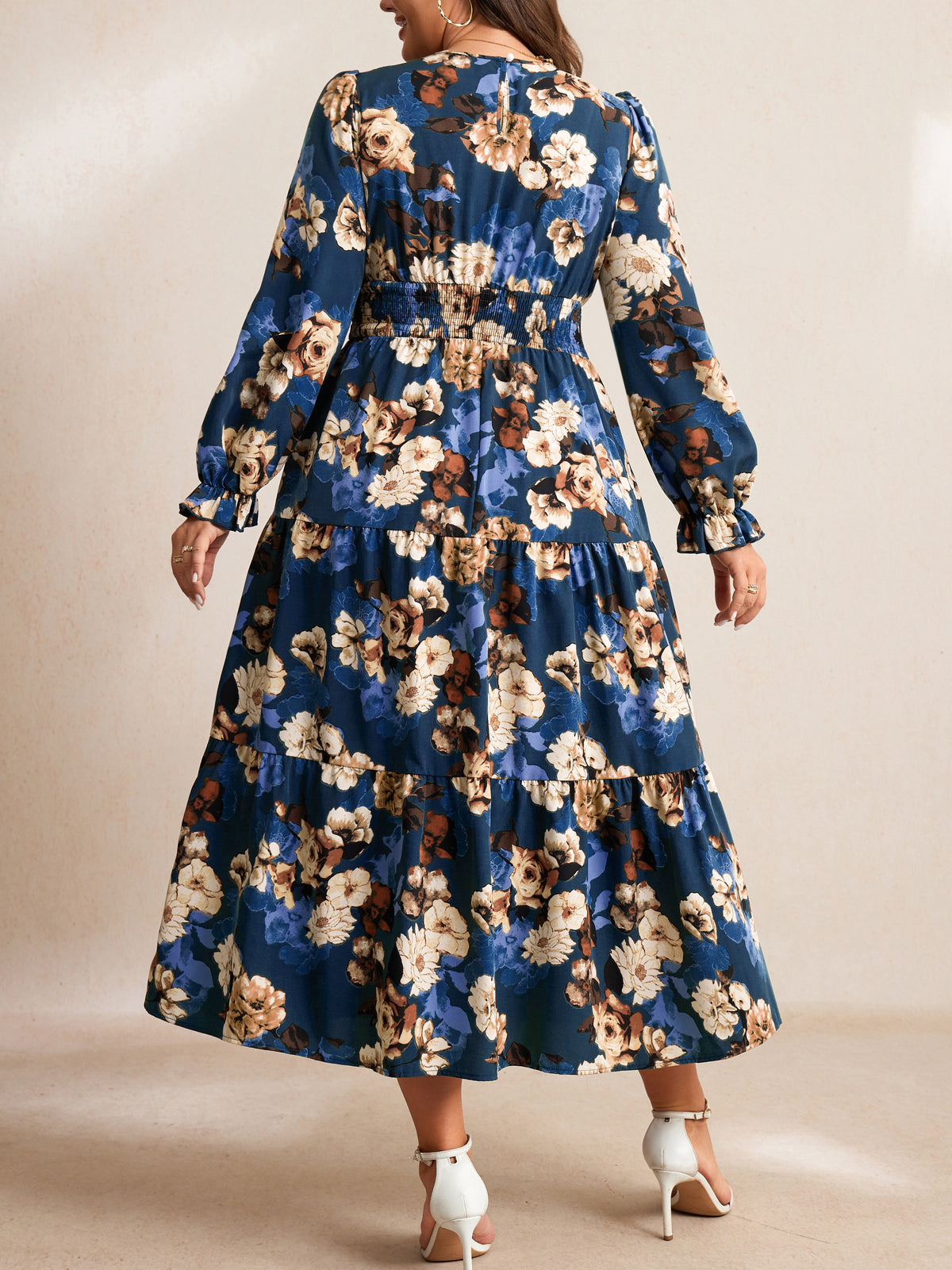 RWJ 6907 Navy Blue Floral plus size ruffle sleeve tiered maxi dress