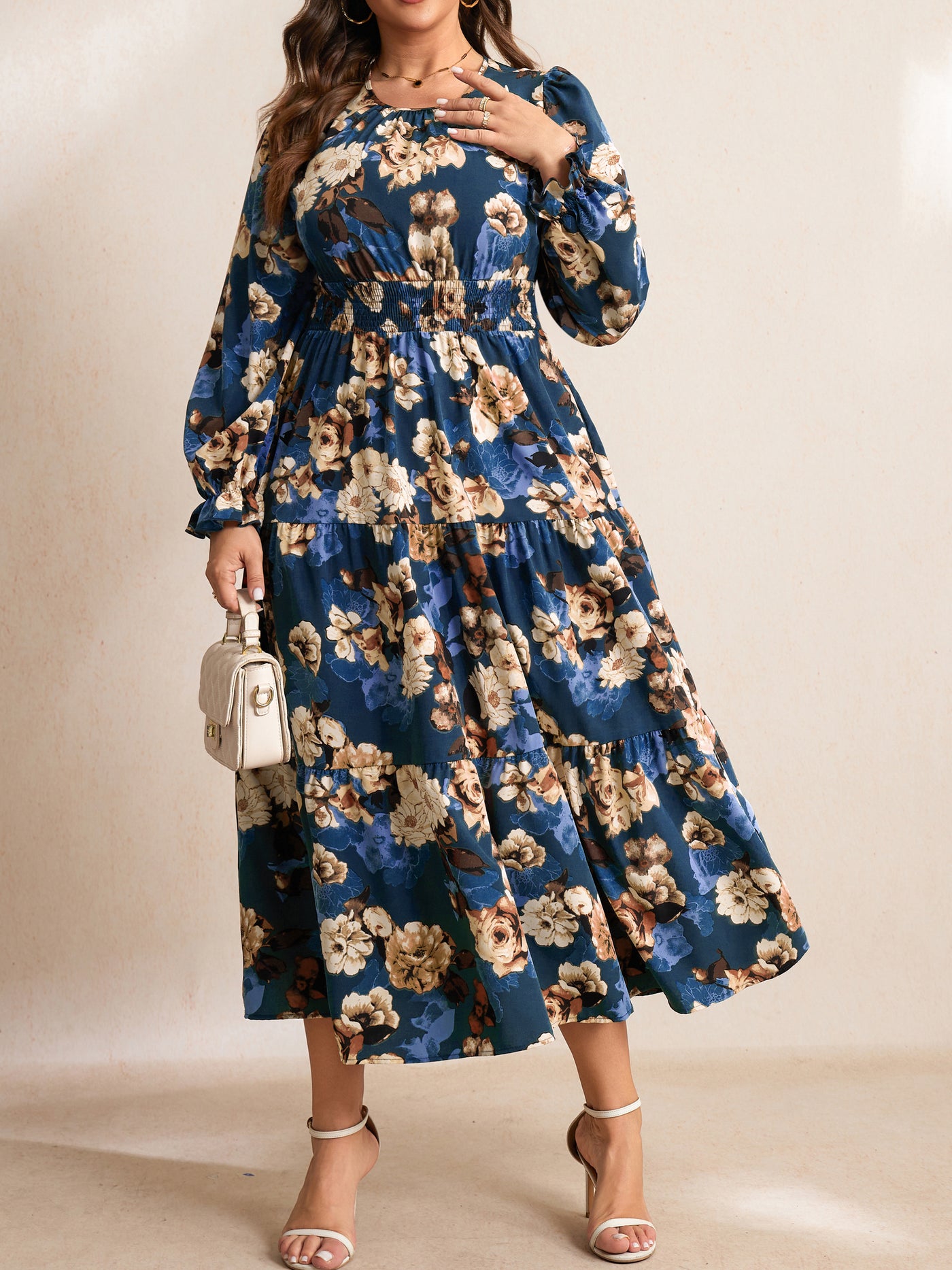 RWJ 6907 Navy Blue Floral plus size ruffle sleeve tiered maxi dress