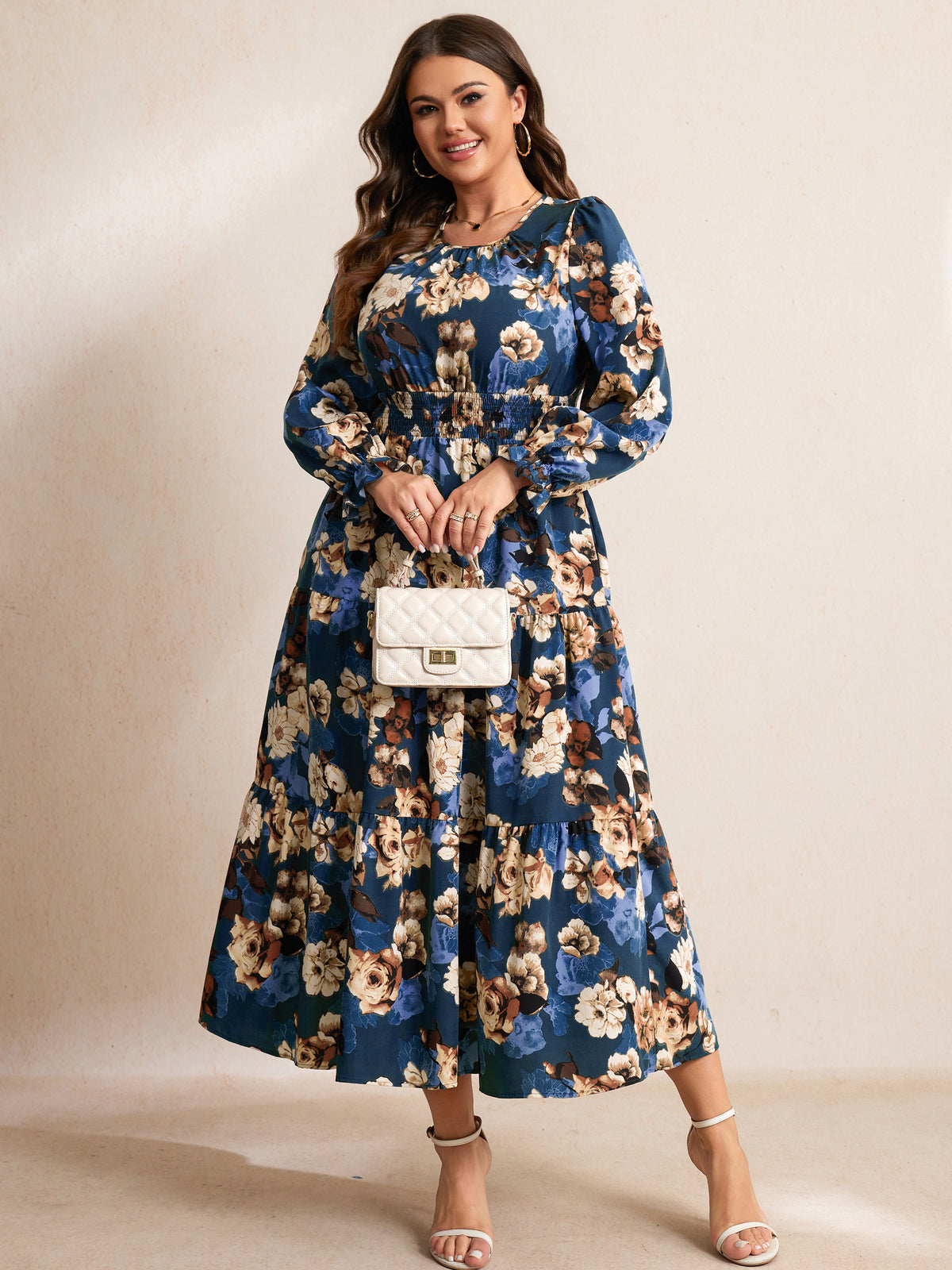 RWJ 6907 Navy Blue Floral plus size ruffle sleeve tiered maxi dress
