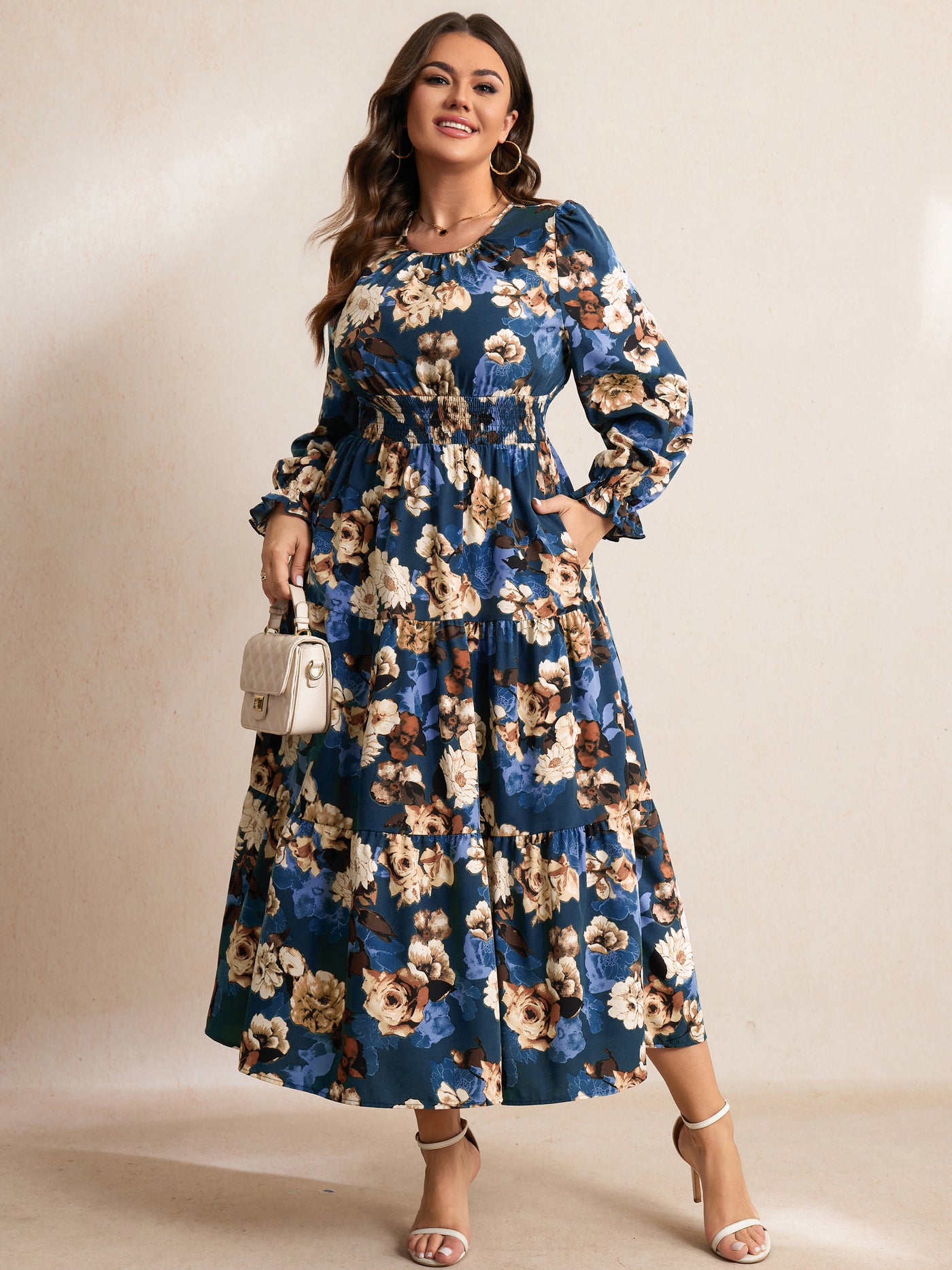RWJ 6907 Navy Blue Floral plus size ruffle sleeve tiered maxi dress