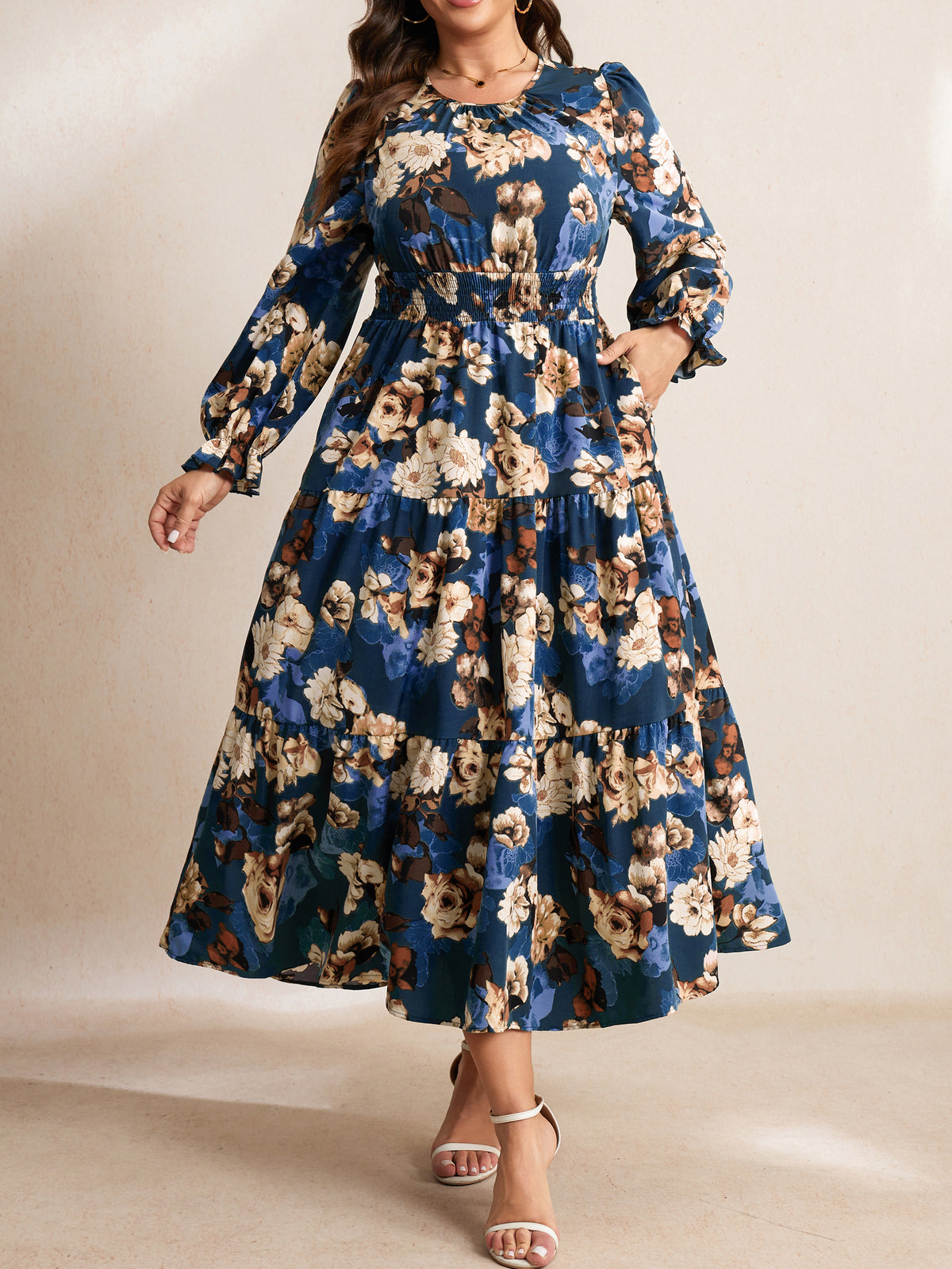 RWJ 6907 Navy Blue Floral plus size ruffle sleeve tiered maxi dress
