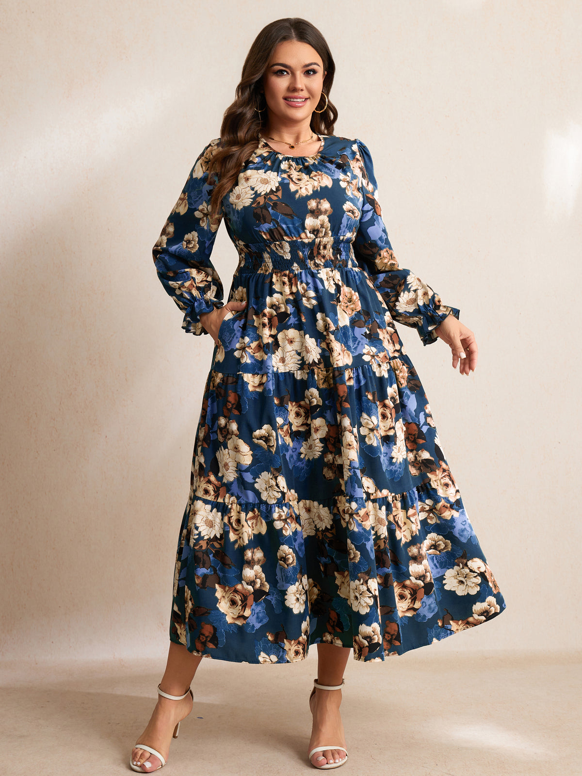 Plus Size Ruffle-Sleeve Tiered Maxi Dress — Navy Blue Floral