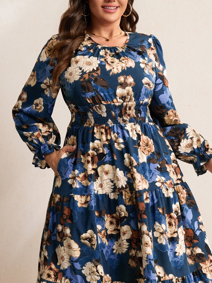 Plus Size Ruffle-Sleeve Tiered Maxi Dress — Navy Blue Floral close-up detail