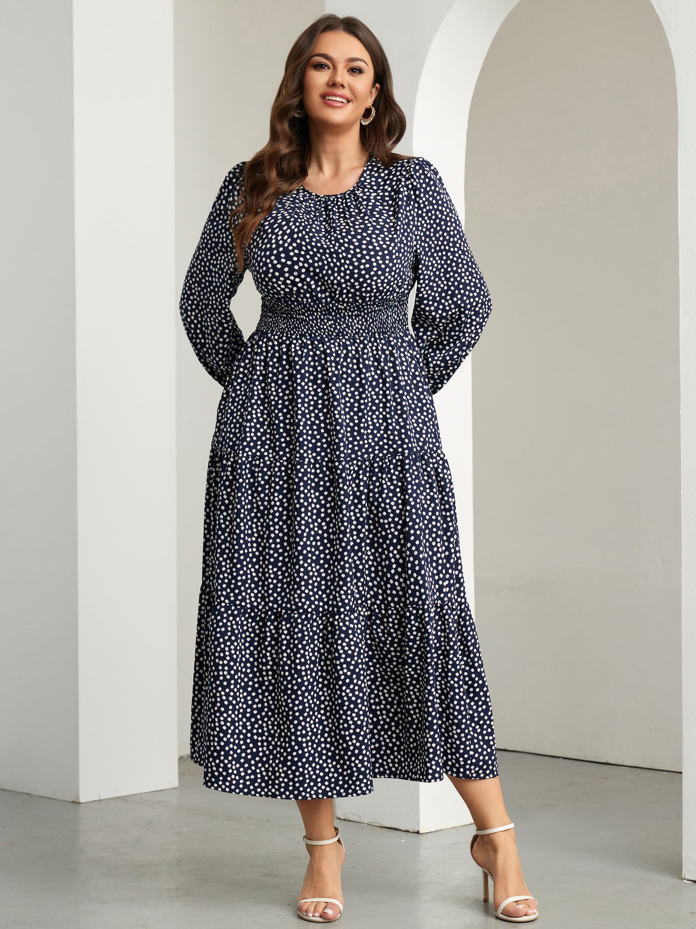 RWJ 6907 Navy Blue Small Floral plus size ruffle sleeve tiered maxi dress