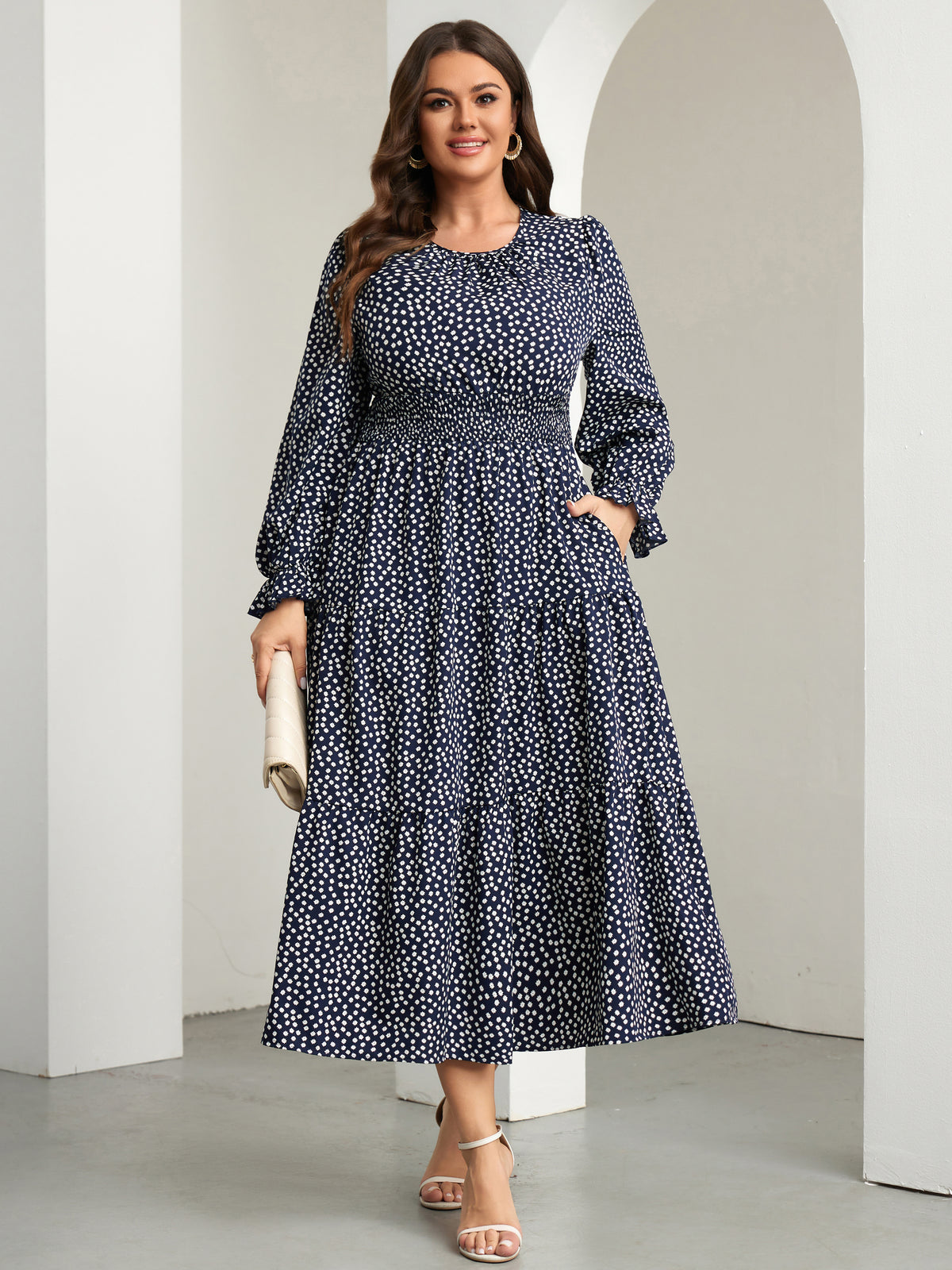 RWJ 6907 Navy Blue Small Floral plus size ruffle sleeve tiered maxi dress