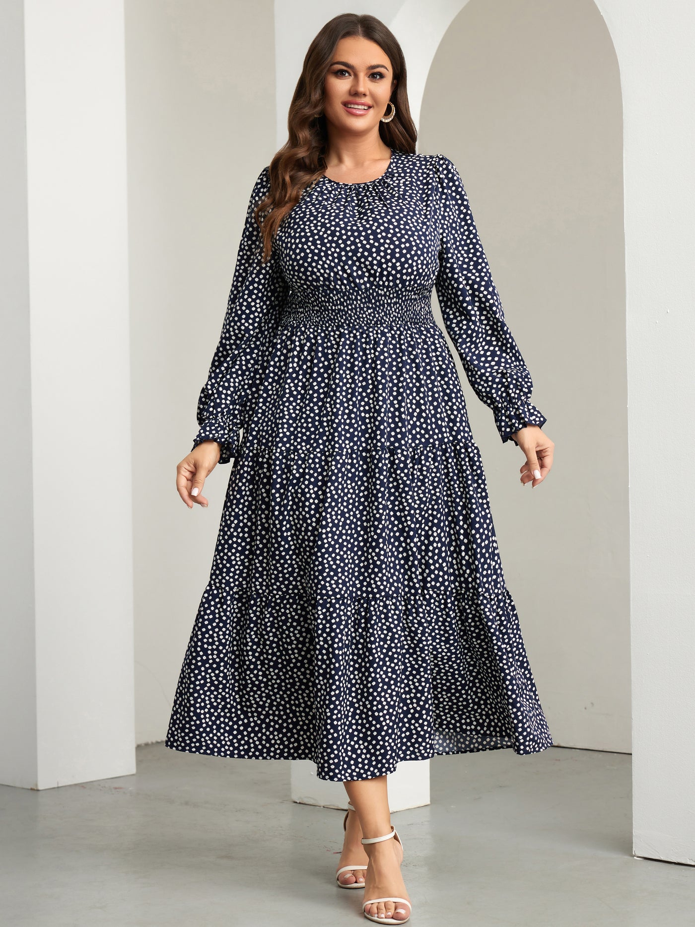 RWJ 6907 Navy Blue Small Floral plus size ruffle sleeve tiered maxi dress