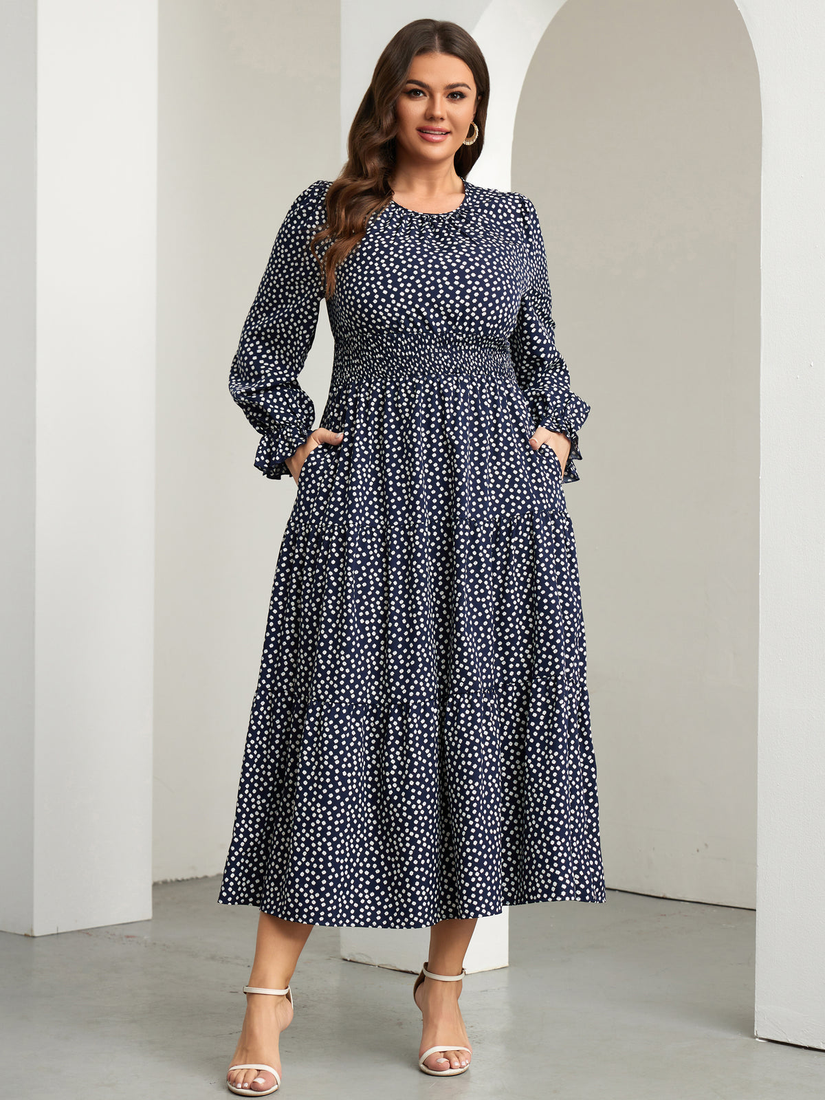 RWJ 6907 Navy Blue Small Floral plus size ruffle sleeve tiered maxi dress