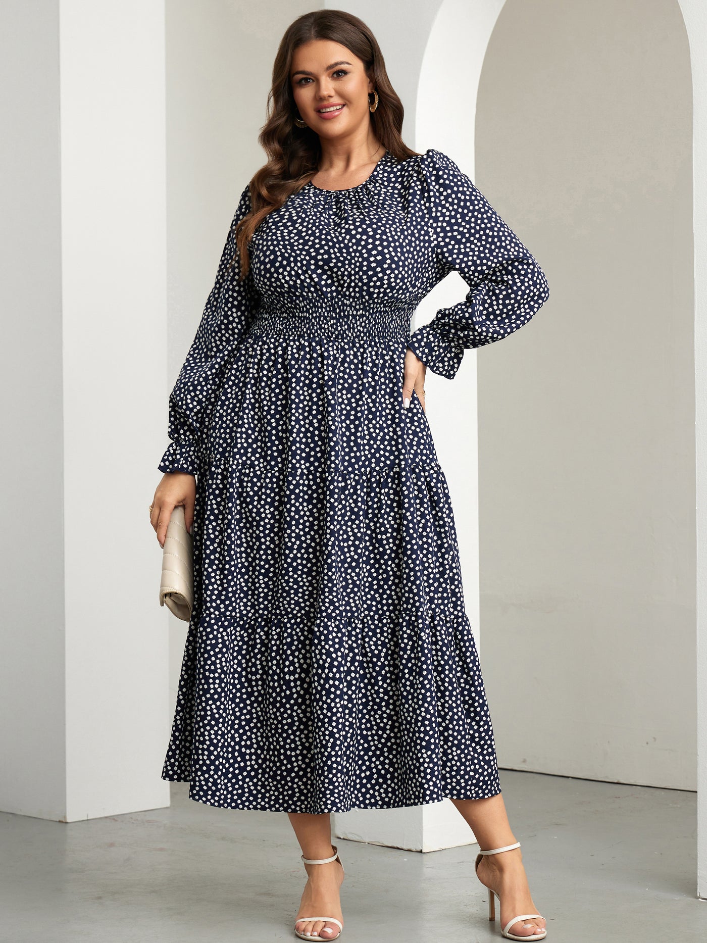 RWJ 6907 Navy Blue Small Floral plus size ruffle sleeve tiered maxi dress