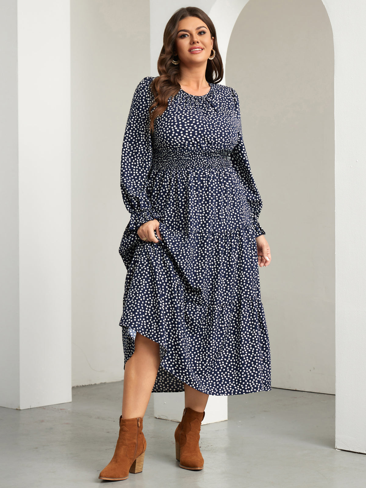 Plus Size Ruffle-Sleeve Tiered Maxi Dress — Navy Blue Small Floral