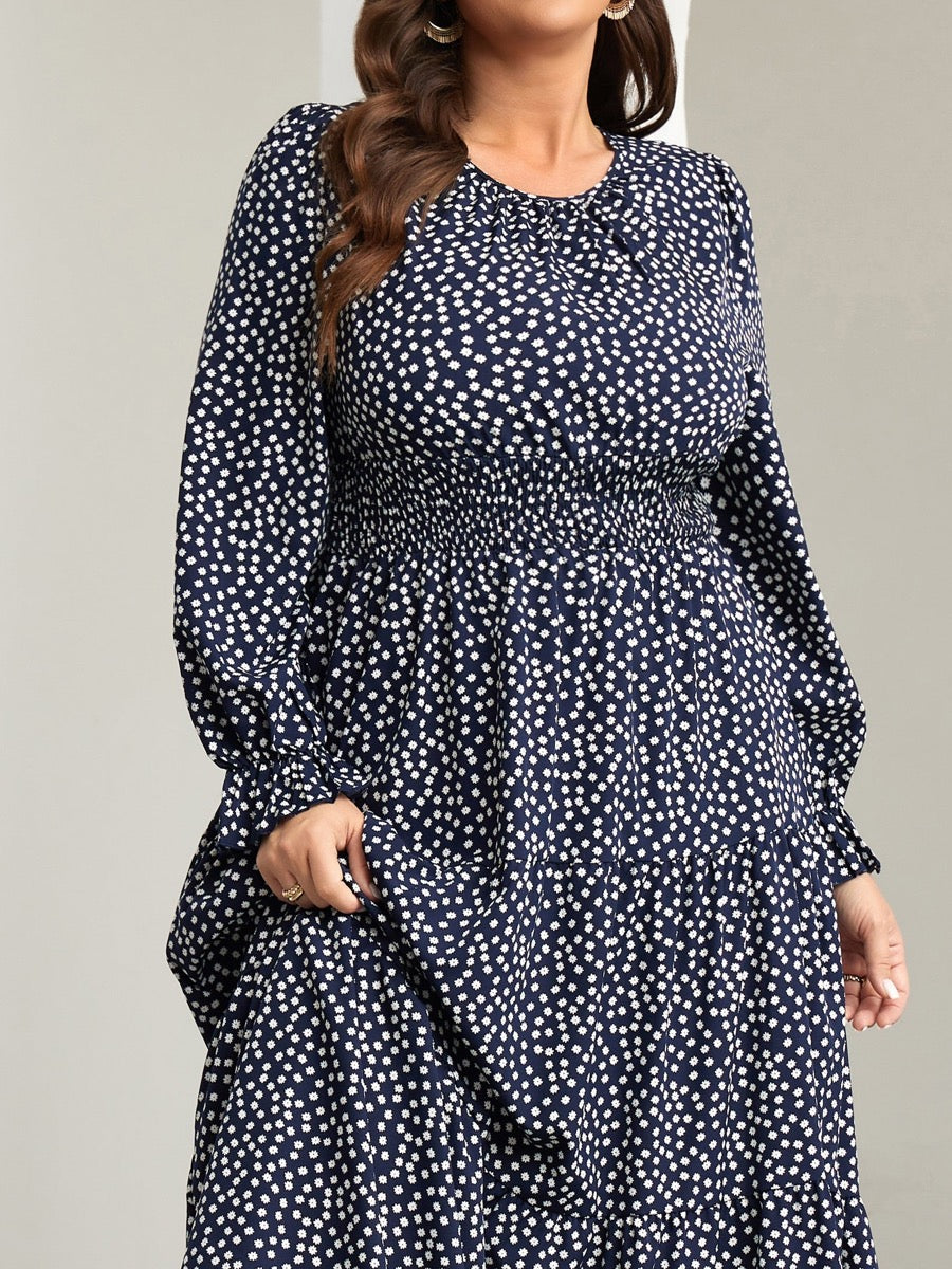 Plus Size Ruffle-Sleeve Tiered Maxi Dress — Navy Blue Small Floral close-up detail