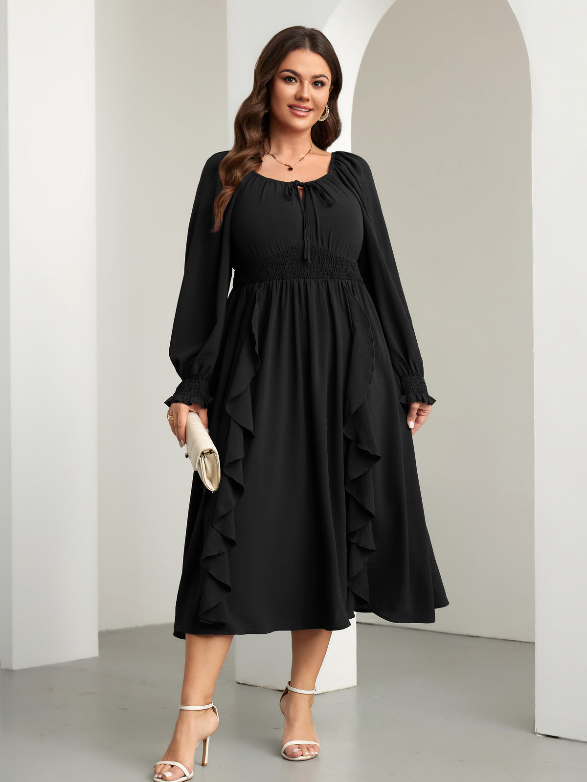 RWJ 6908 Black long-sleeve A-line maxi dress