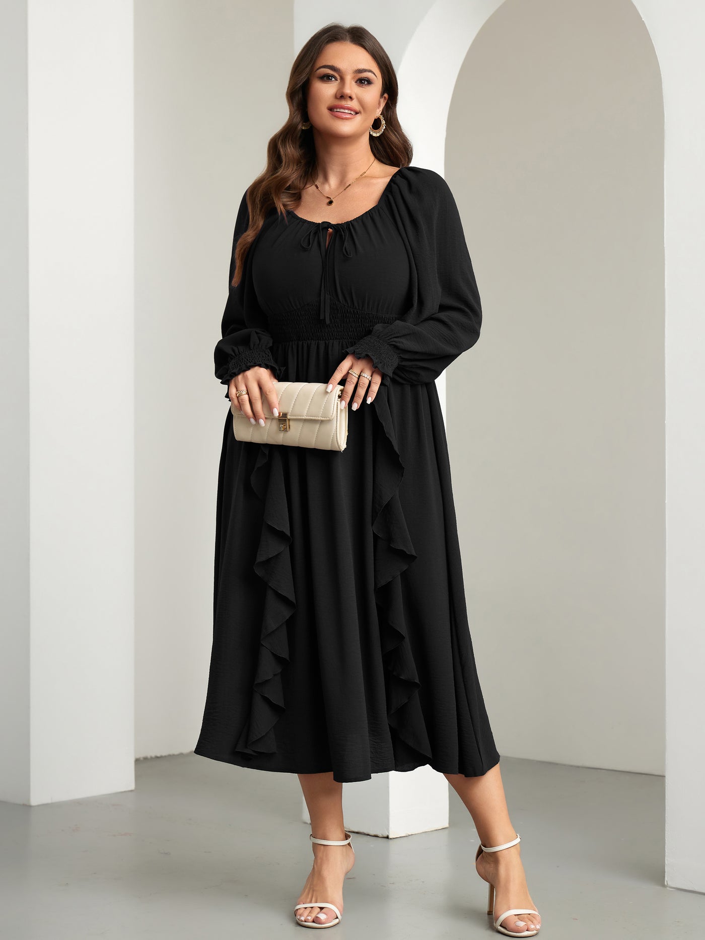 RWJ 6908 Black long-sleeve A-line maxi dress